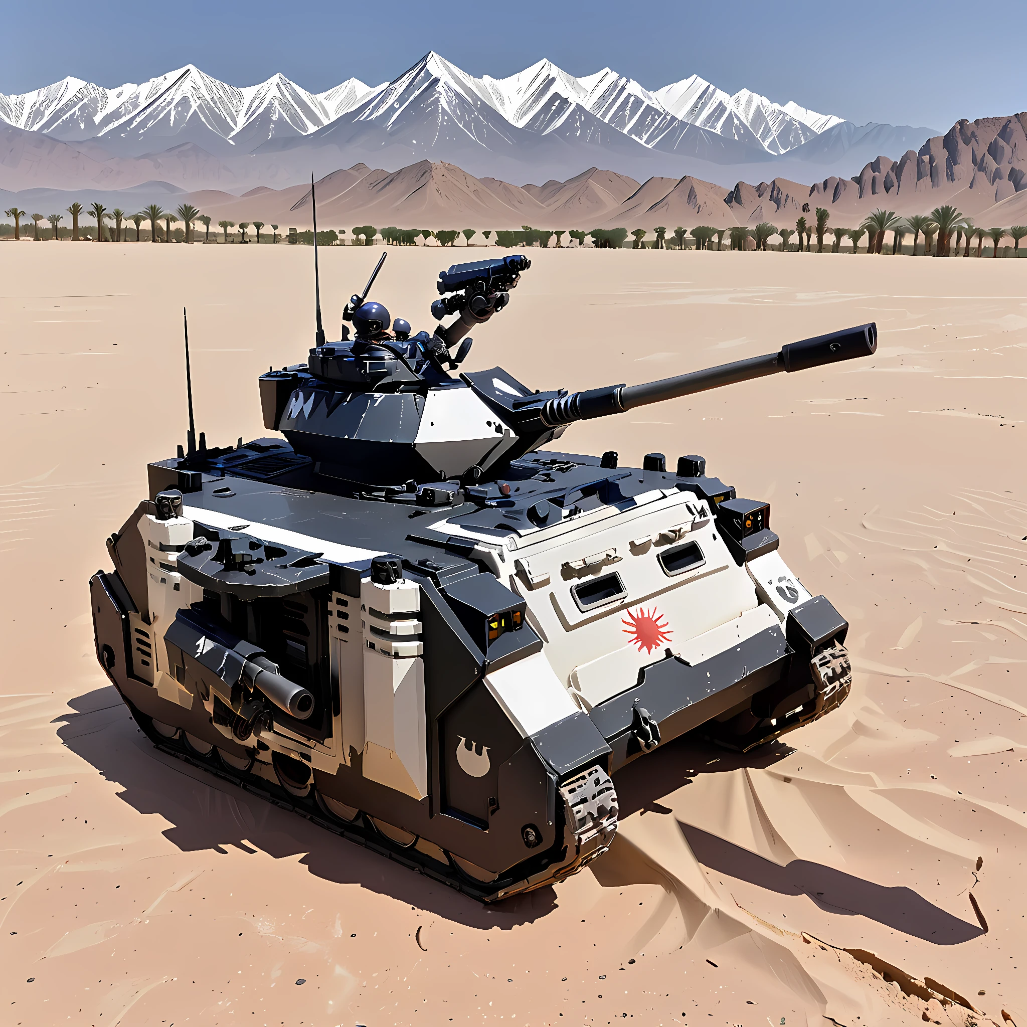 a (black and white painted tank) in a desert, predtank, military vehicle, ground vehicle, distant mountains, north africa,