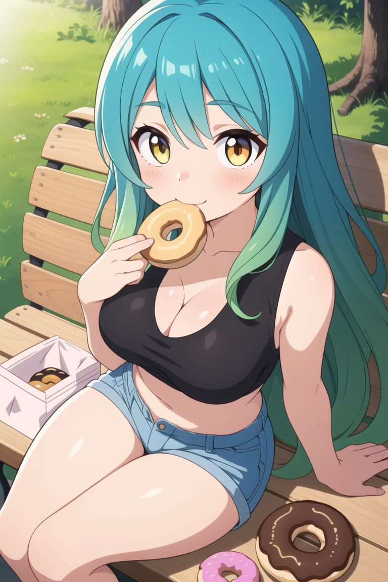 Tools used : a1111, depth midas (0.5), krita || Keywords : 1 girl, young, cute, (oily skin), (shiny body), (slender, lean, thin legs), blue shortpants, croptop, low-cut, large breasts, green and blue hair, (gradient hair:1.25), sitting on a bench, eating donuts, donuts bag, natural park