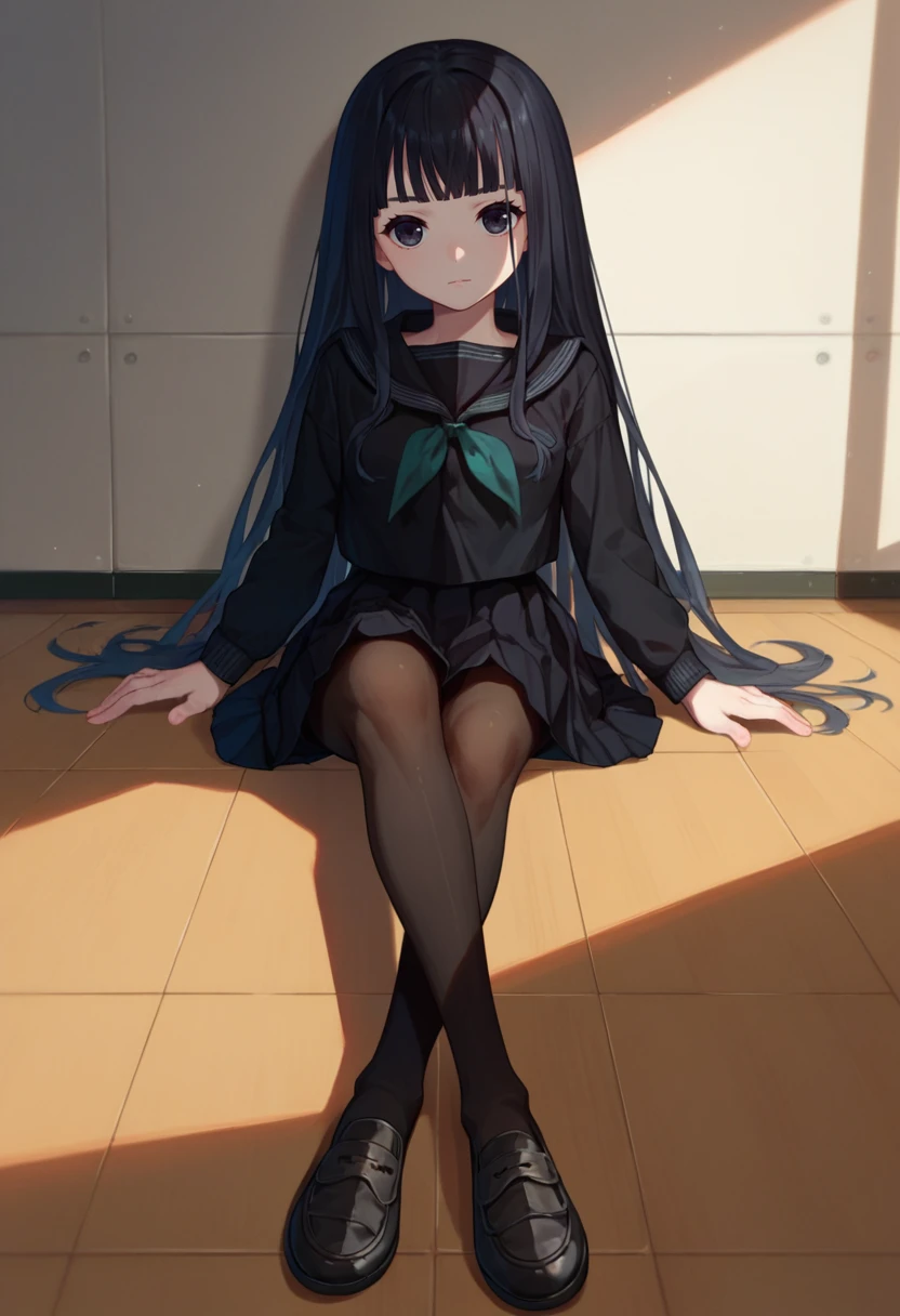score_9, score_8_up, score_7_up, 1girl, Rinne, long hair, black hair, black eyes, necktie, black serafuku, black skirt, white stripes, indoors, sitting, on floor, pantyhose, crossed legs, looking at viewer, <lora:Rinne DoRA5-000006:1>
