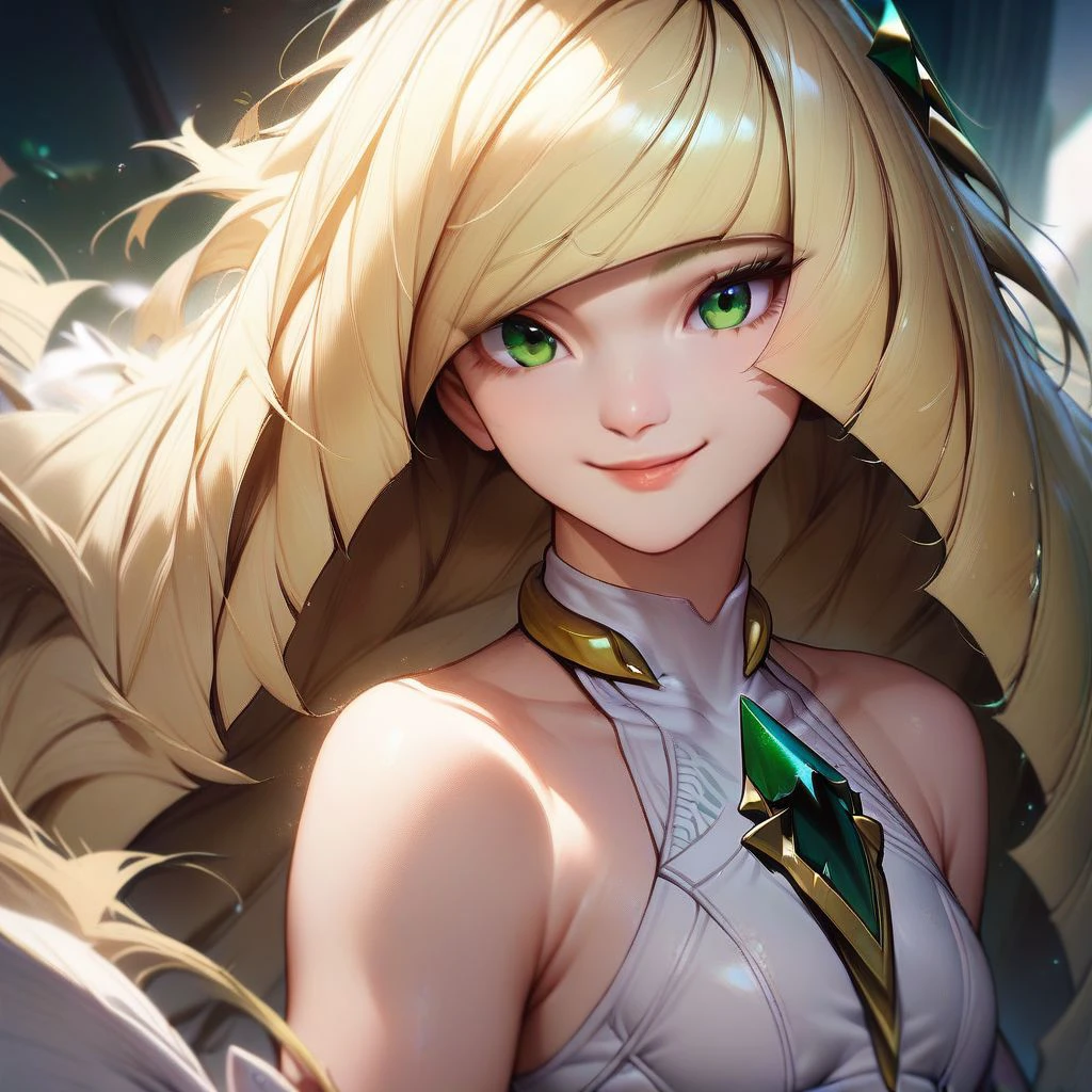 score_9,score_8_up,score_7_up,score_6_up,score_5_up,score_4_up, solo, 1girl, lusamine, white dress, sleeveless,  blonde hair, green eyes, smile