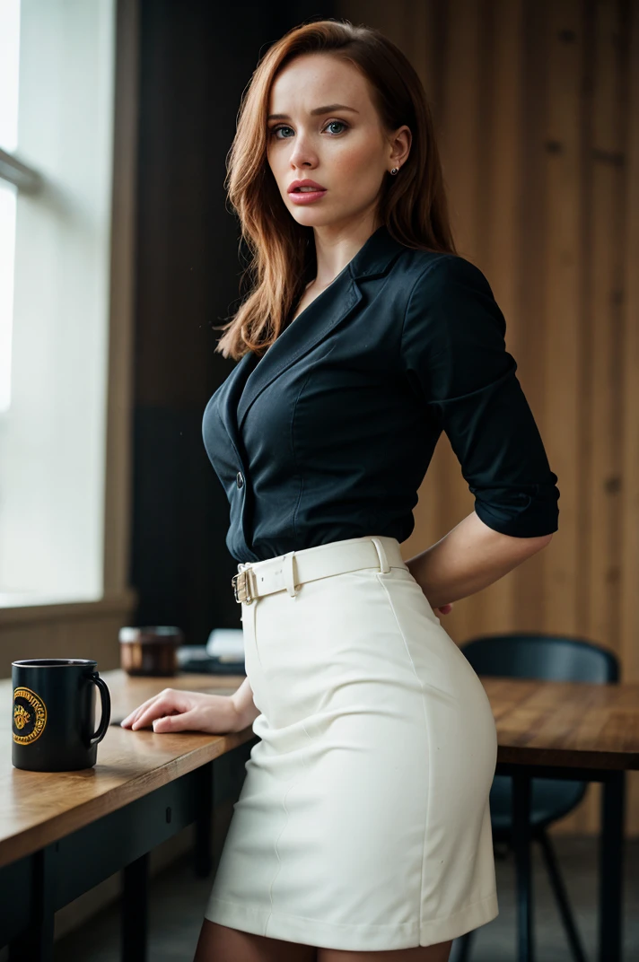 tv_Olya_Abramovich_GMv3, ,  , angry expression, wearing a pencil skirt, wearing a dress shirt, wearing a blazer, standing at the edge of a conference table, shot from below, ((cowboy shot)),, 8k resolution, highres, high detail, sharp focus, detailed skin,  8k uhd, bokeh, analog photography