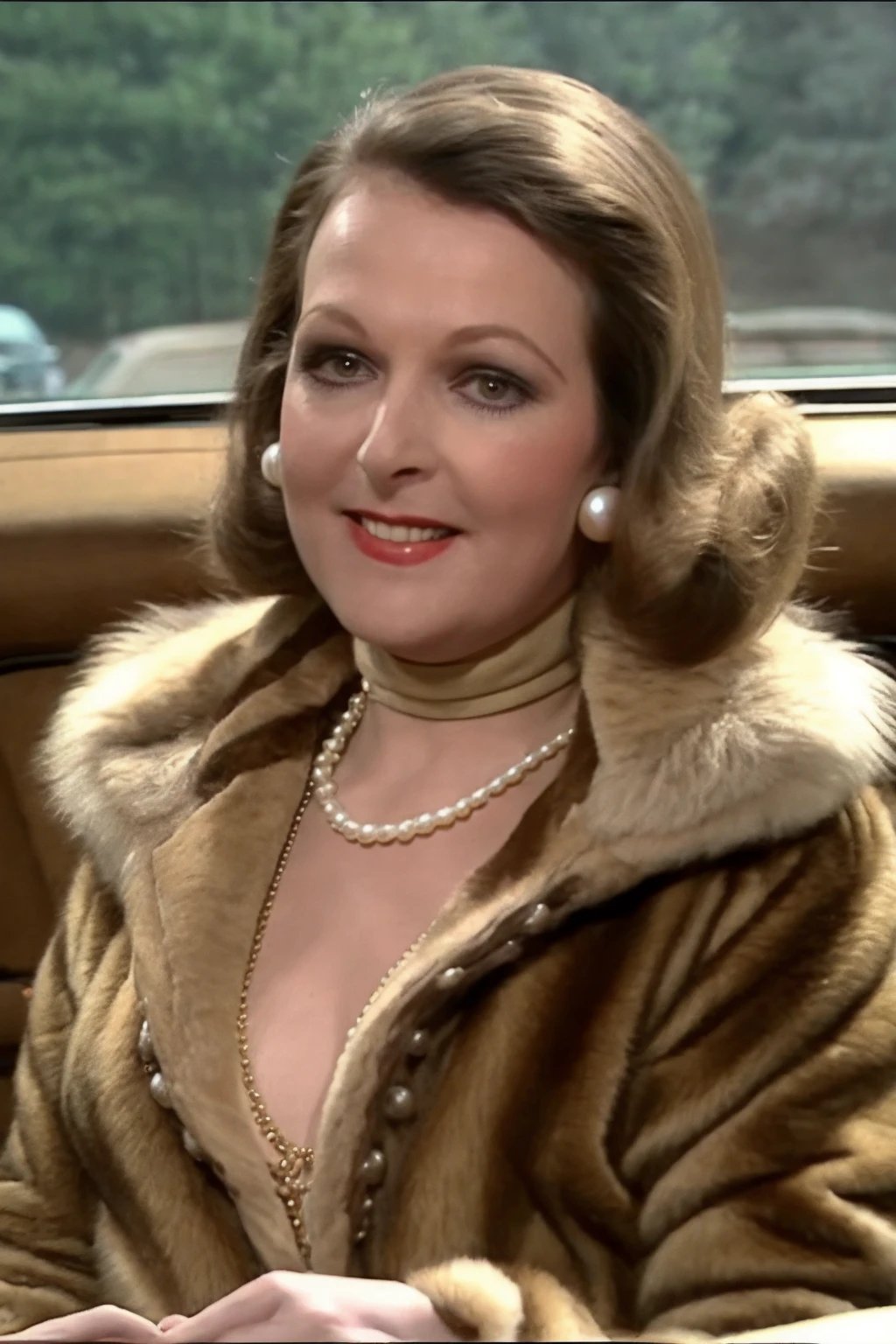 <lora:Margo Leadbetter_epoch_10:0.8>, margol, 1970s fashion, seductive smile, polo neck, fur coat, pearl necklace, sitting in the back of a limo, (insanely detailed, masterpiece, detailed eyes, best quality)