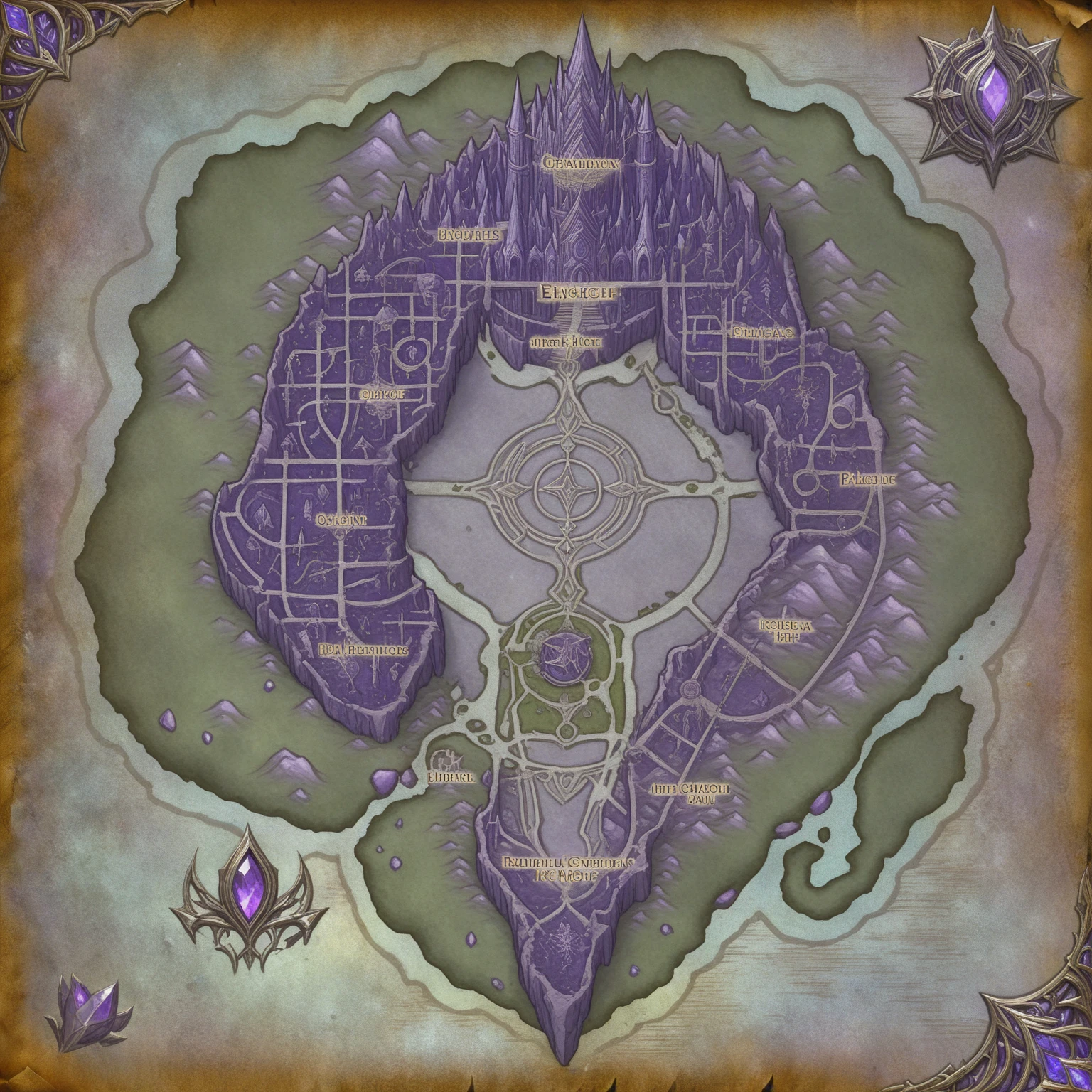 map of beautiful elven city with purple palace, ornate silver path, glowing crystals and runes <lora:sxz-wowmap-civit-sdxl:0.75>