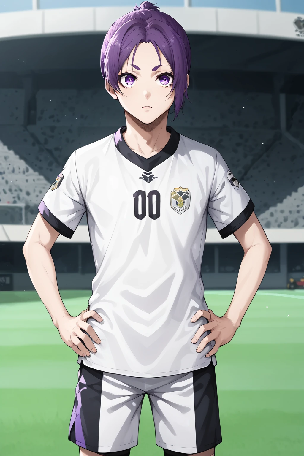 score_9, score_8_up, score_7_up, source_anime, BREAK, 1boy, bishounen, pale skin, (facing to the side, three quarter view:1.4), BREAK, purple hair, purple eyes, (skinny:1.1), soccer uniform, detailed eyelashes, detailed eyes, broad shouldered, BREAK, outdoors, soccer stadium, soccer field, day, standing, hands on hips, boy, mikage_reo<lora:EMS-342536-EMS:0.800000>, <lora:EMS-18850-EMS:0.800000>, <lora:EMS-358553-EMS:0.800000>