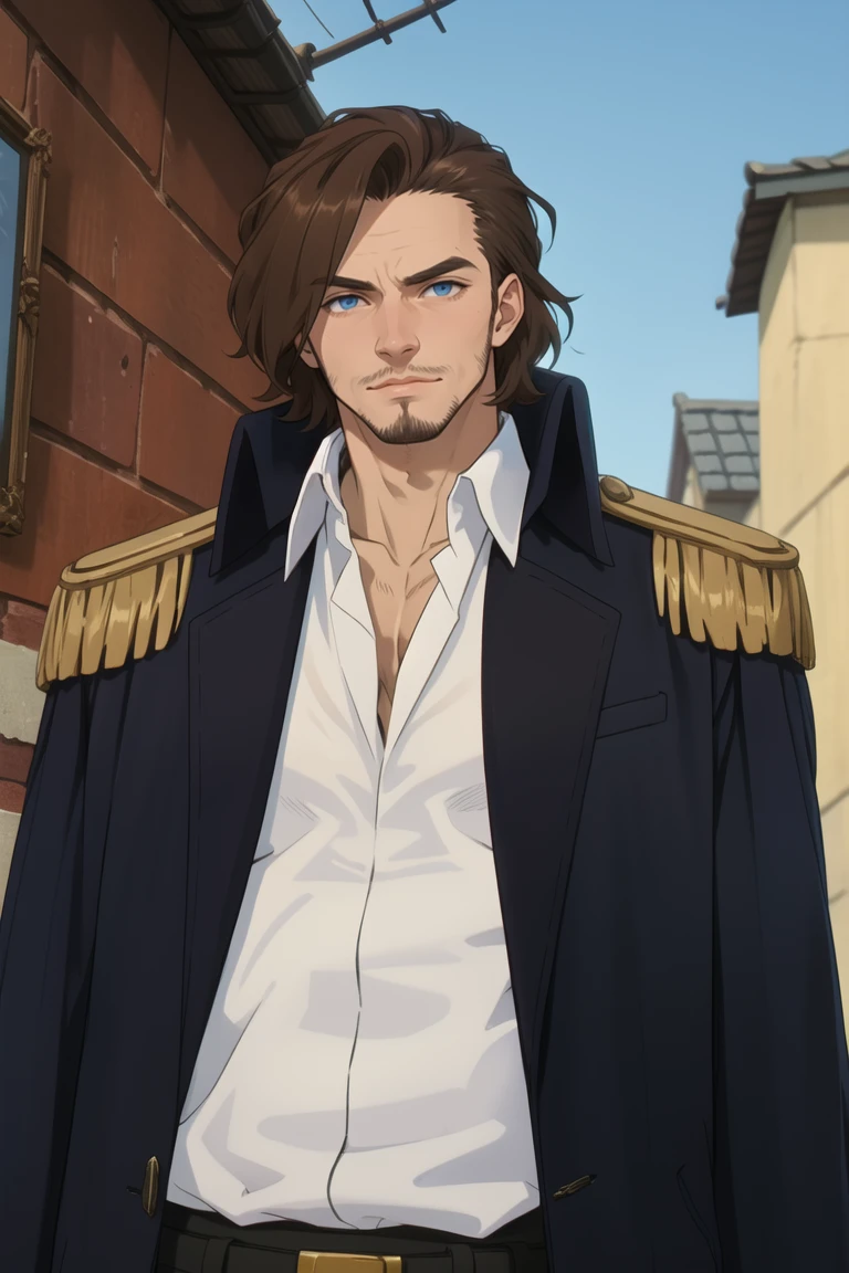 solo male, Graf Granat \(Frieren: Beyond Journey's End\), brown hair, hair parted to one side, facial hair, stubble, blue eyes, sanpaku, white collared shirt, exposed shirt, black pants, matching boots. dark blue coat, open coat, (coat over shoulders), gold epaulettes, mature, handsome, charming, alluring, standing, upper body, perfect anatomy, perfect proportions, best quality, masterpiece, high_resolution, dutch angle, cowboy shot, photo background, palace
,Masterpiece<lora:EMS-359704-EMS:0.800000>