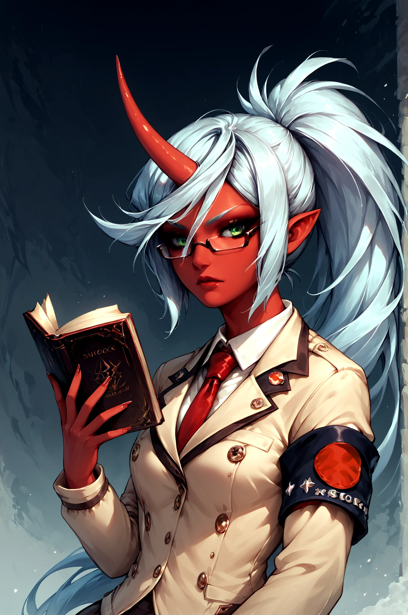 score_9,score_8_up,score_7_up,  <lora:KneesocksPonyV2-100per-000007:0.99> psgkneesocks, demon_uniform, ponytail, glasses, red_tie, green_eyes, holding_book, armband,  <lora:text:0.8> text on book cover:"Rulez", (high quality, detailed, beautiful)