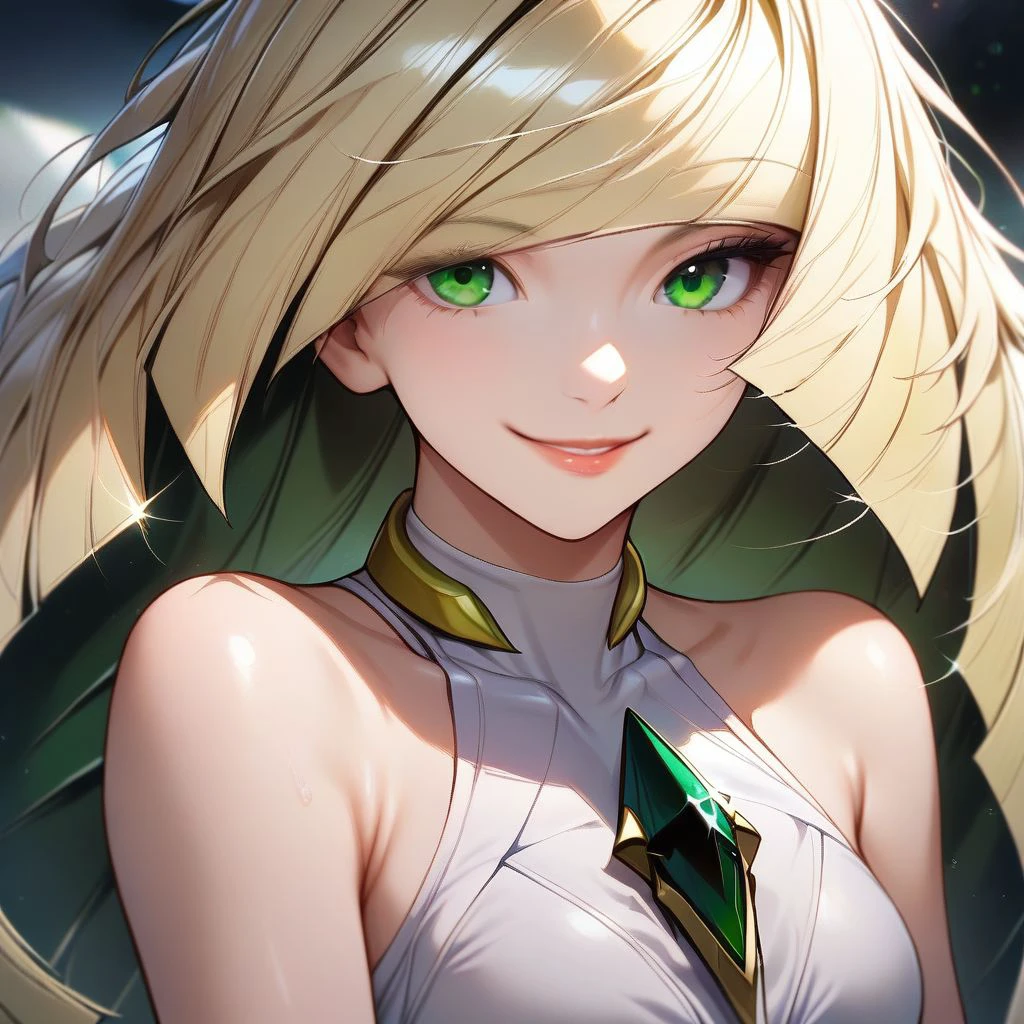 , solo, 1girl, lusamine, white dress, sleeveless,  blonde hair, green eyes, smile