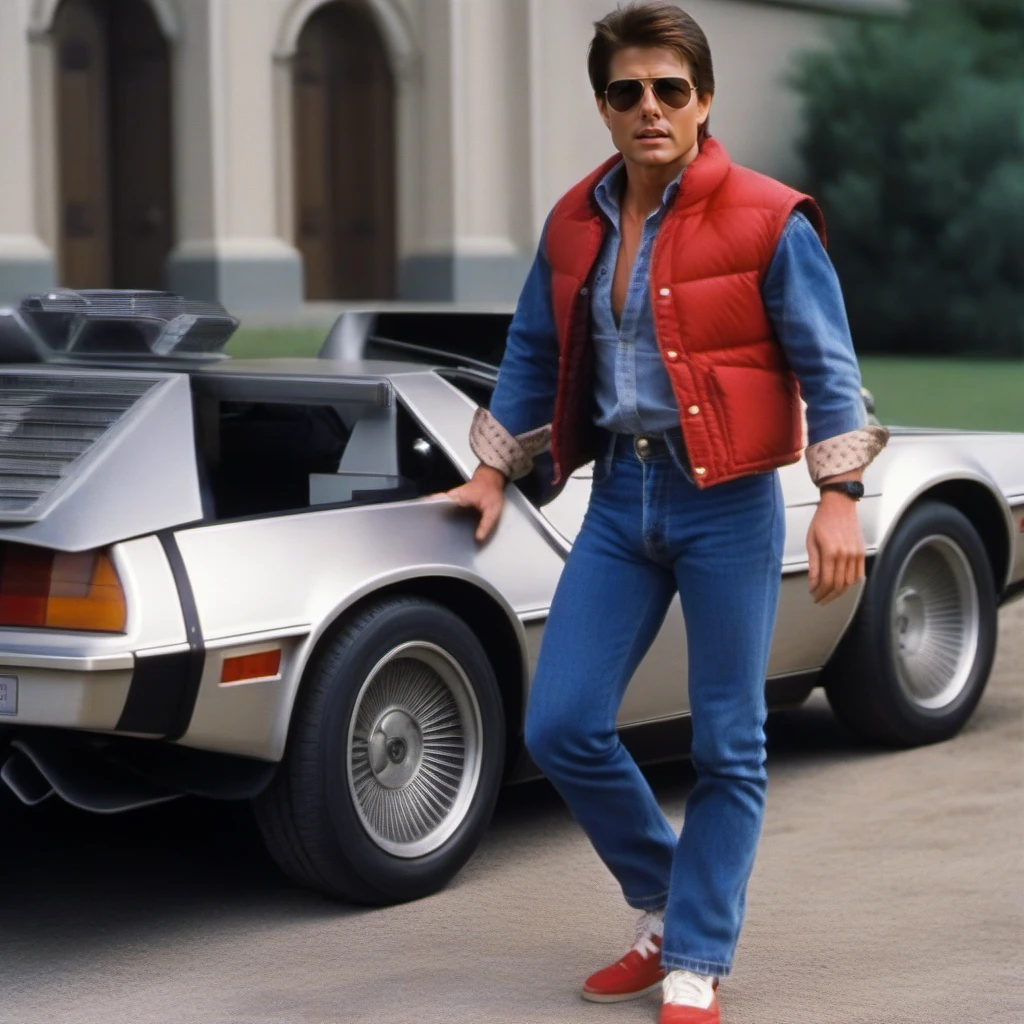 analog film photo tom cruise with a jeans shirt and pants, red sleeveless vest, with sunglasses , back to the future<lora:McFly1024:0.8> . faded film, desaturated, 35mm photo, grainy, vignette, vintage, Kodachrome, Lomography, stained, highly detailed, found footage