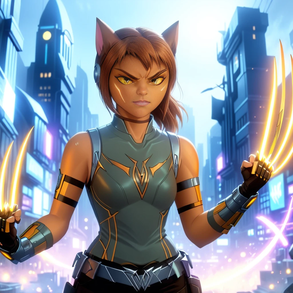 (best quality, masterpiece, absurdres, highres, ultra_detailed, dynamic angle:1.2), kasha \(mysticons\) <lora:mysticons_kasha_xl:1>, 1girl, black fingerless gloves with orange glowing claws \(weapon\), mechanical arms, dual wielding, combat pose, angry, solo, alone, futuristic city, cartoon, cartoon style, (intricate details, hyperdetailed:1.15), (ultrahigh resolution textures), bokeh, (volumetric, cinematic) lighting, <lora:energy_claws_xl_v5-000002:1>