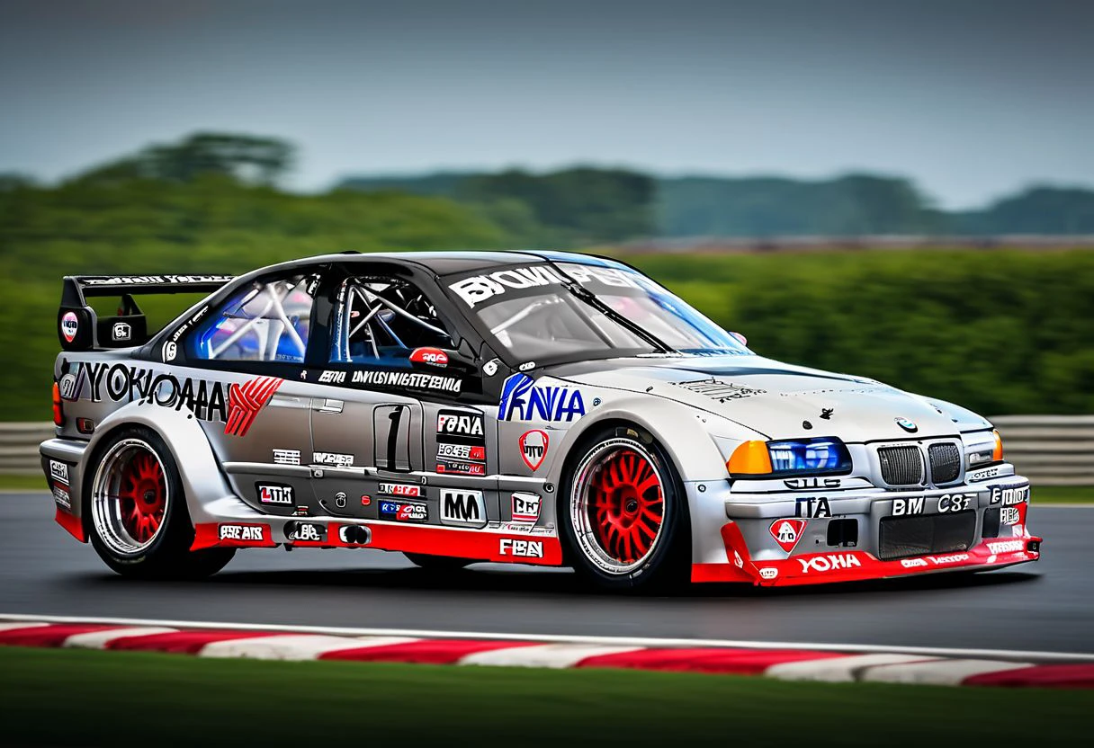 An electrifying image capturing the BMW M3 GTR E36 roaring down the legendary race track at Le Mans, its sleek silhouette slicing through the air as it leads the pack with unrivaled speed and precision. The dynamic shot freezes the moment as the car's tires grip the pavement, kicking up a trail of burning rubber and leaving its competitors in the dust. With determination blazing in the driver's eyes, the M3 GTR E36 exudes an aura of dominance, showcasing its unmatched performance and sheer power as it charges towards victory, UHD, HDR, 8k, best quality, masterpiece, retina, cinematic lighting, bloom, award winning