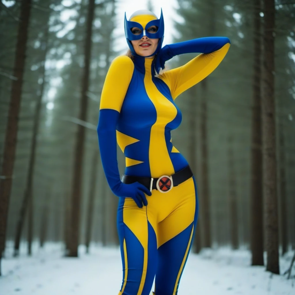 cinematic photo a full body big breast woman with a mask and a blue and yellow bodysuit, highheel high boots, snowy forest <lora:X-23-1024:0.8> . 35mm photograph, film, bokeh, professional, 4k, highly detailed