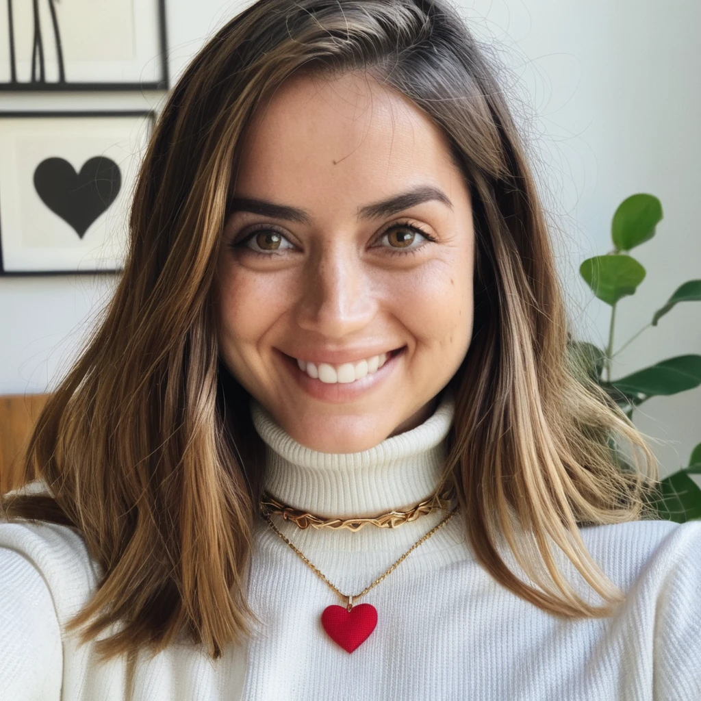 Looking straight at the camera, Film grain, skin texture, Instagram closeup selfie of a woman with beautiful straight hair wearing a heart necklace smiling,f/1.8,wearing a tutleneck shirt, anxarmas, <lora:anarmas_juggerX_xl_3_standard-anxarmas-000096:1>