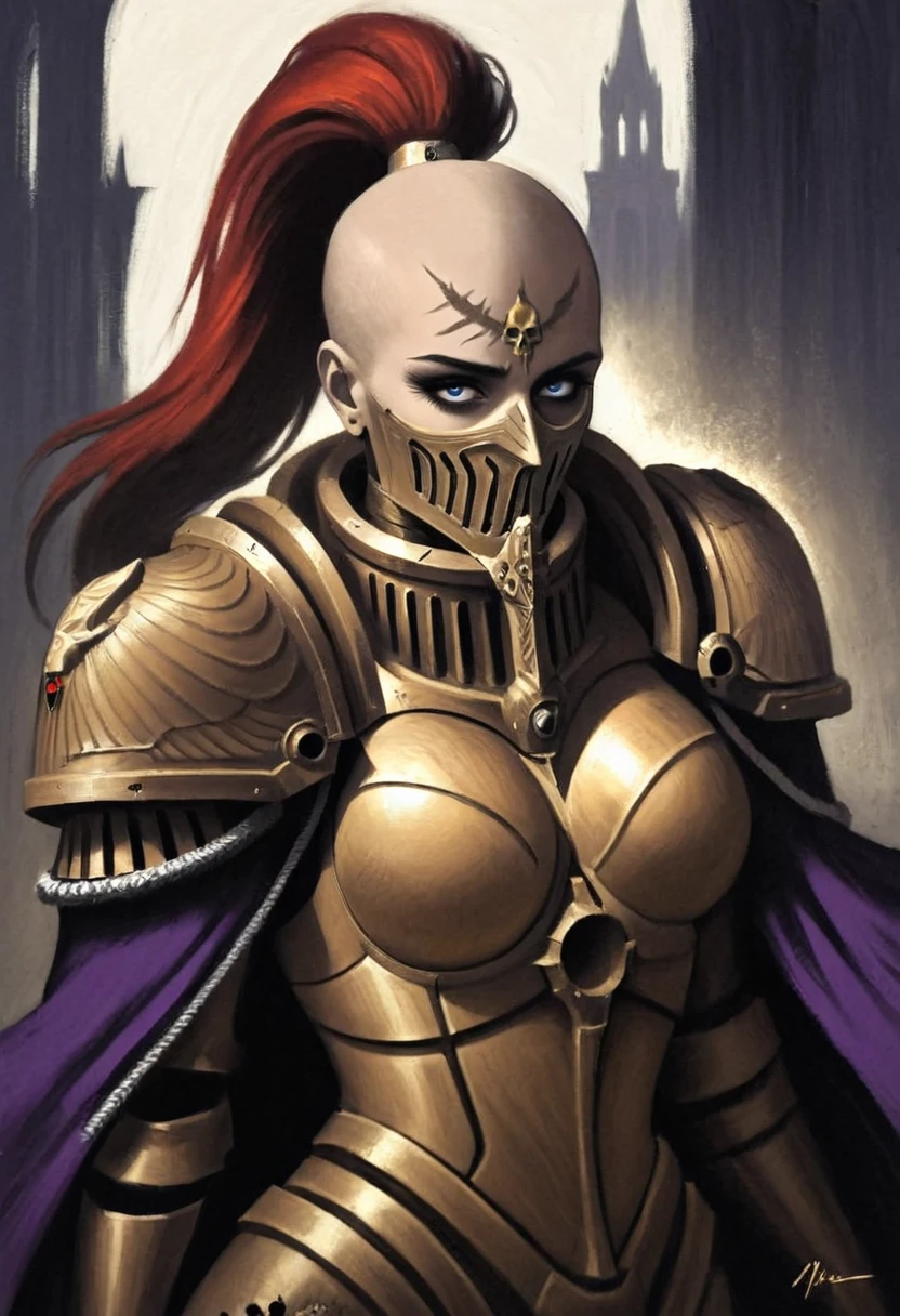 (Painting), painterly \(style\), silhouette, vignette, Sister of Silence in ornate golden power armor, purple cape, bald with red ponytail hair, blue eyes, scar on face, walking, looking down, neutral expression, minimalistic background,
warhammer 40k hive city \(setting\). The sister of silence is walking towards the viewer in a gothic inspired cathedral. A few onlookers are clearly in destress and uncomfortable by the presence of the sister of silence.
strong contrast between light and dark, chiaroscuro, oil on canvas, brushstrokes, expressive, portrait, still life, extremely detailed, gritty, grimdark, upper body, shaded face, damaged armor, dirty
<lora:Sisters-of-Silence-000008:1>