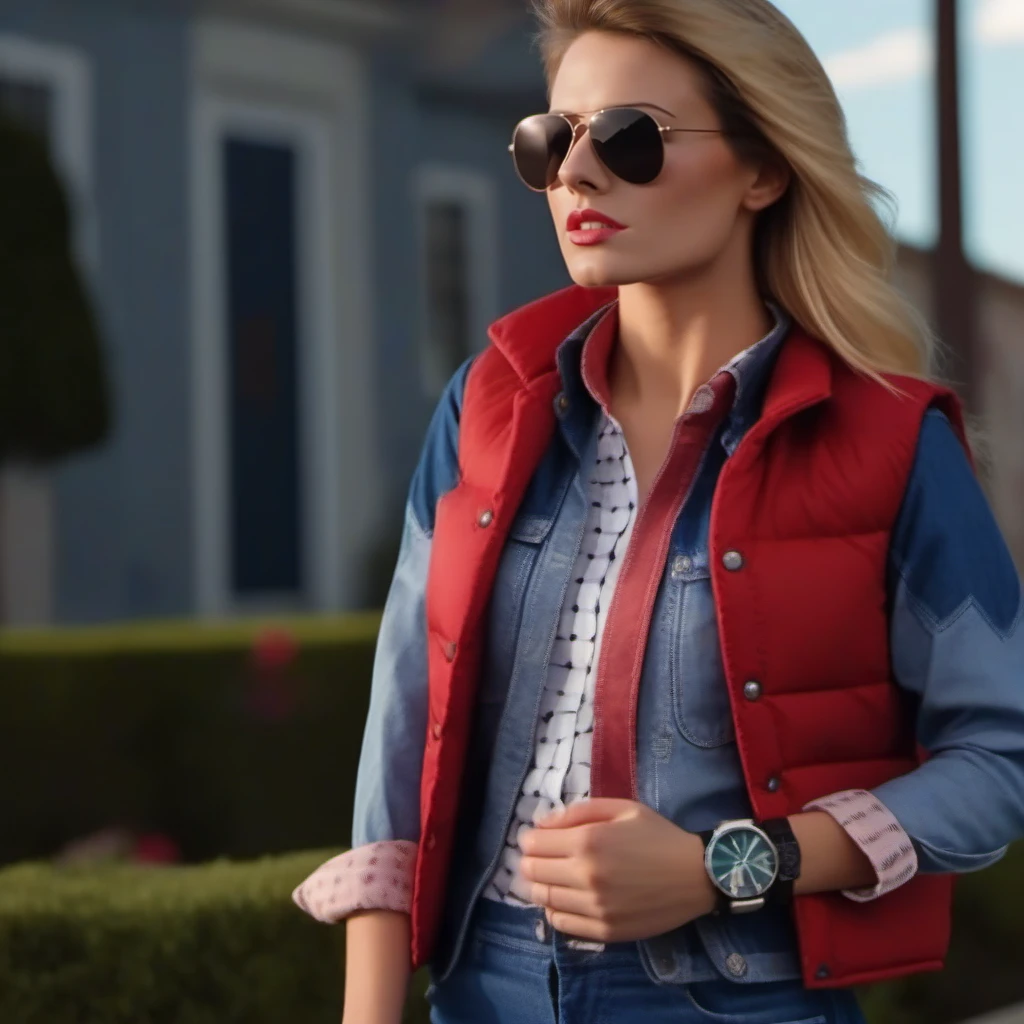 cinematic photo a suprised woman wears a buttondown jean shirt, sunglasses, jeans pants, red vest, look at her watch, back to the future <lora:McFly1024:0.8> . 35mm photograph, film, bokeh, professional, 4k, highly detailed