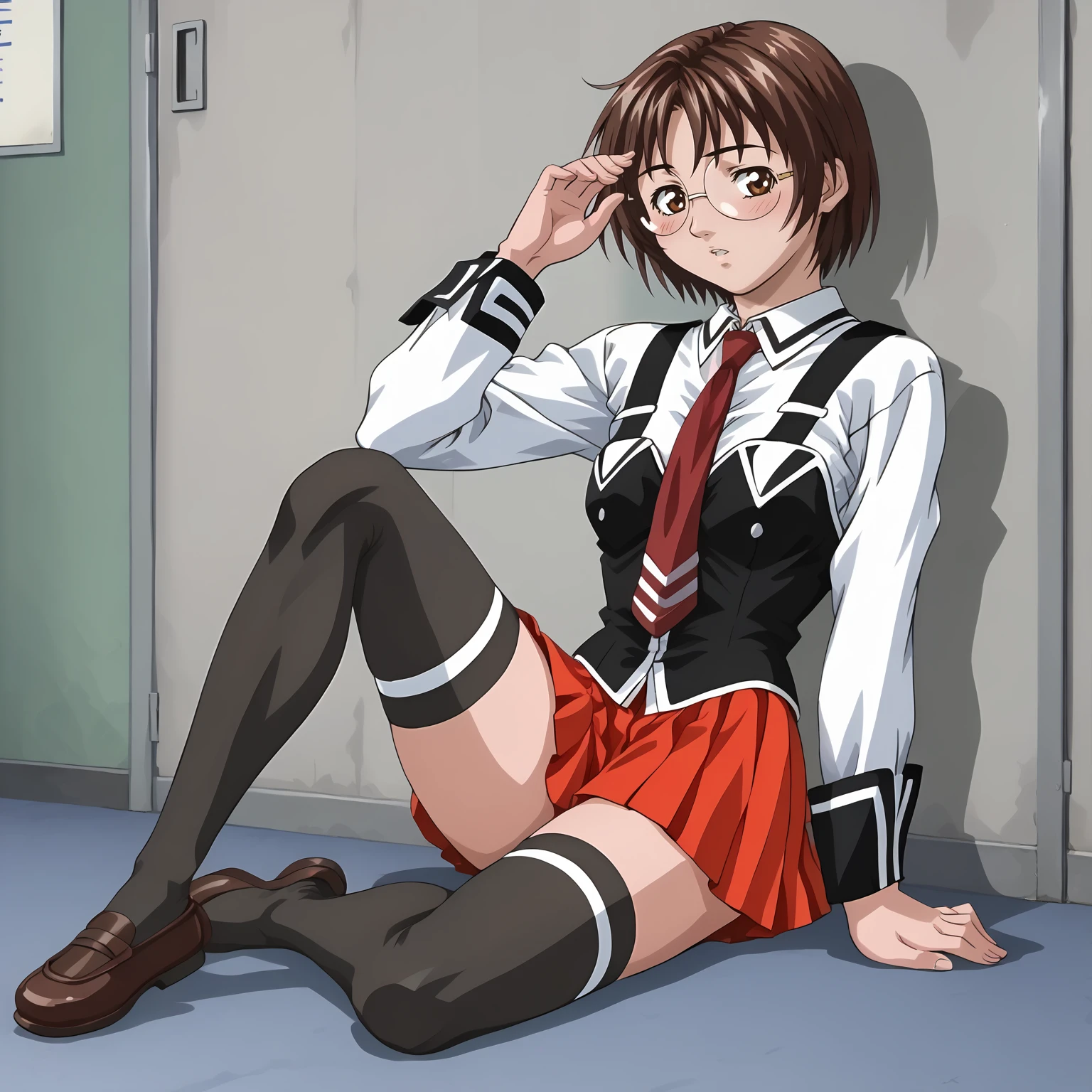 <lora:MiyukiNonogusaXLpony003>,parted lips,blush,
solo,
MiyukiNonogusa,1girl,brown hair,short hair,eyewear,brown eyes,
school uniform,white shirt,strap,vest,red tie,
red skirt,
thighhighs,
full body,sitting,