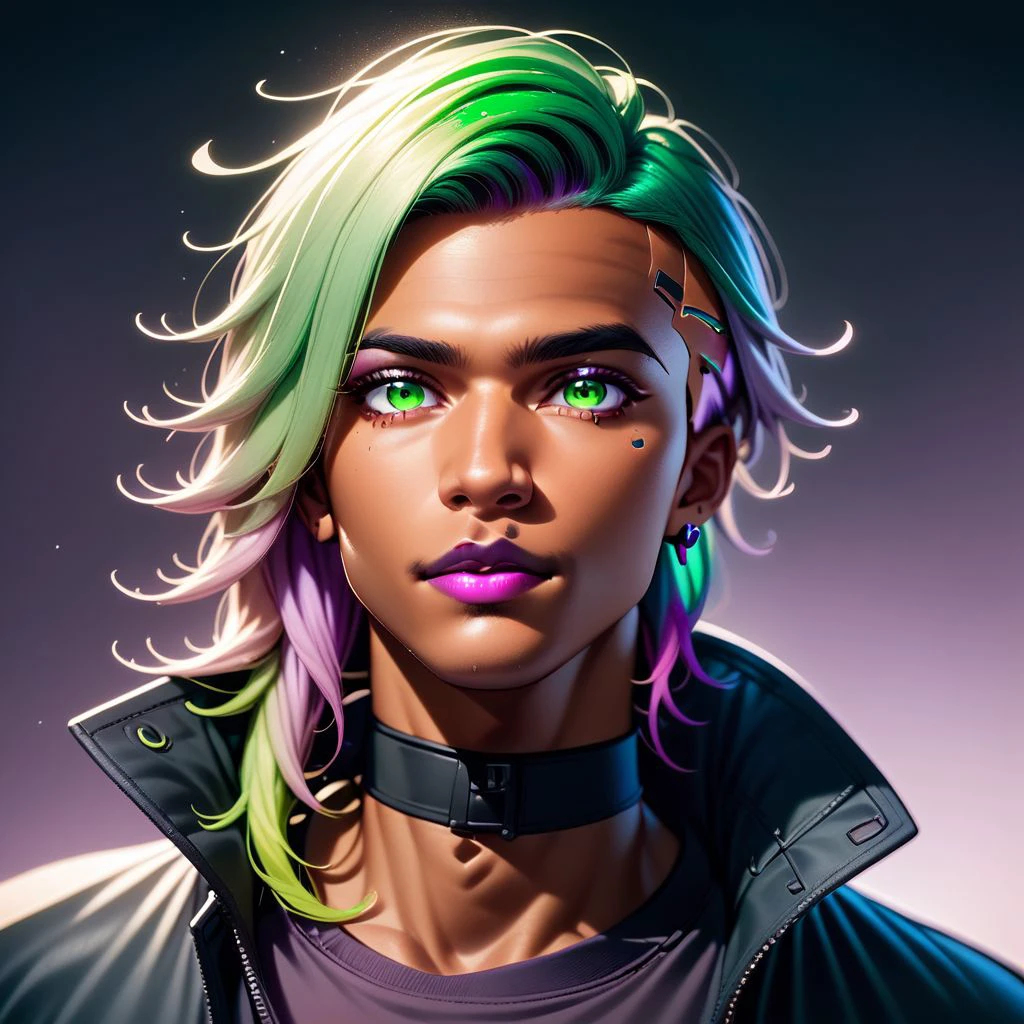 Cameron X'voor, 1boy, male focus, tan, dark skinned male, black choker, black jacket, choker, cyberpunk, earrings, gradient hair, eyeshadow, gradient, gradient background, gradient hair, green eyes, green hair, lips, lipstick, long hair, makeup, multicolored hair, piercing, pink hair, portrait, purple lips, rainbow hair, ,PonyXLV6_Scores zPDXL