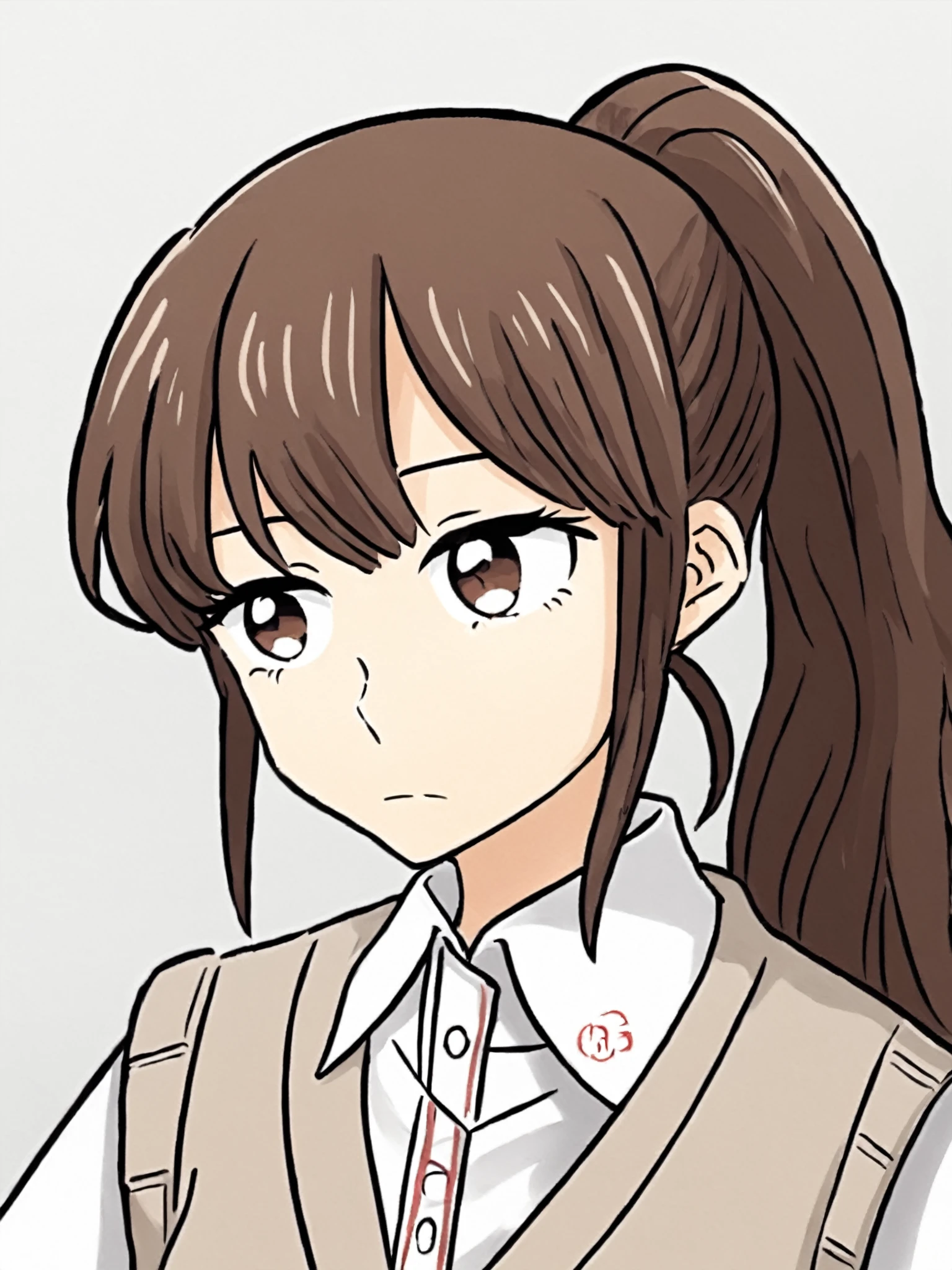 score_9, score_8_up, score_7_up, 
 <lora:yunatoomi.pony.v3:0.9> 
yuna toomi, 1girl, solo,
brown hair, brown eyes, ponytail,
sweater vest, beige vest, 
school uniform, white shirt, collared shirt, 
expressionless, 
upper body, portrait,