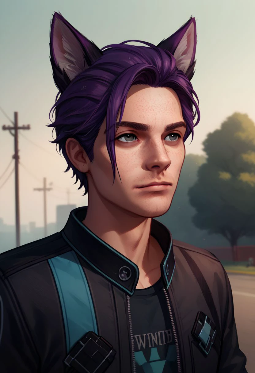 Maverick Ellis Rowe, solo, short hair, grey eyes, purple hair, 1boy, animal ears, shirt, upper body, male focus, fox ears,  freckles, outdoors, lakeside, PonyXLV6_Scores zPDXL