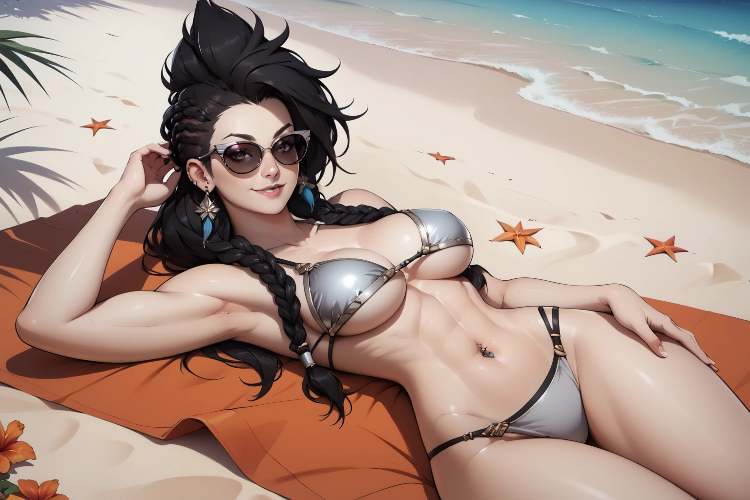 score_9, score_8_up, score_7_up, masterpiece, high quality
<lora:Pure OnyxPony:0.8> 1girl, black long hair, black hair pulled back, iroquois, braids, navel piercing, sidecut, earrings, underboob, silver bikini, lying around on the beach, dark sunglasses. smile