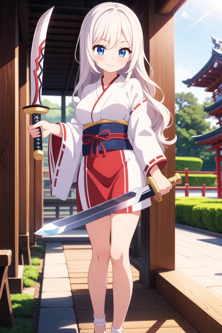 Tools used : a1111, depth midas (0.5), krita || Keywords : girl, young, cute, (oily skin), (shiny body), (slender, lean, thin legs), white and red kimono, holding swords, katana, long white hair, japanese temple, outdoor