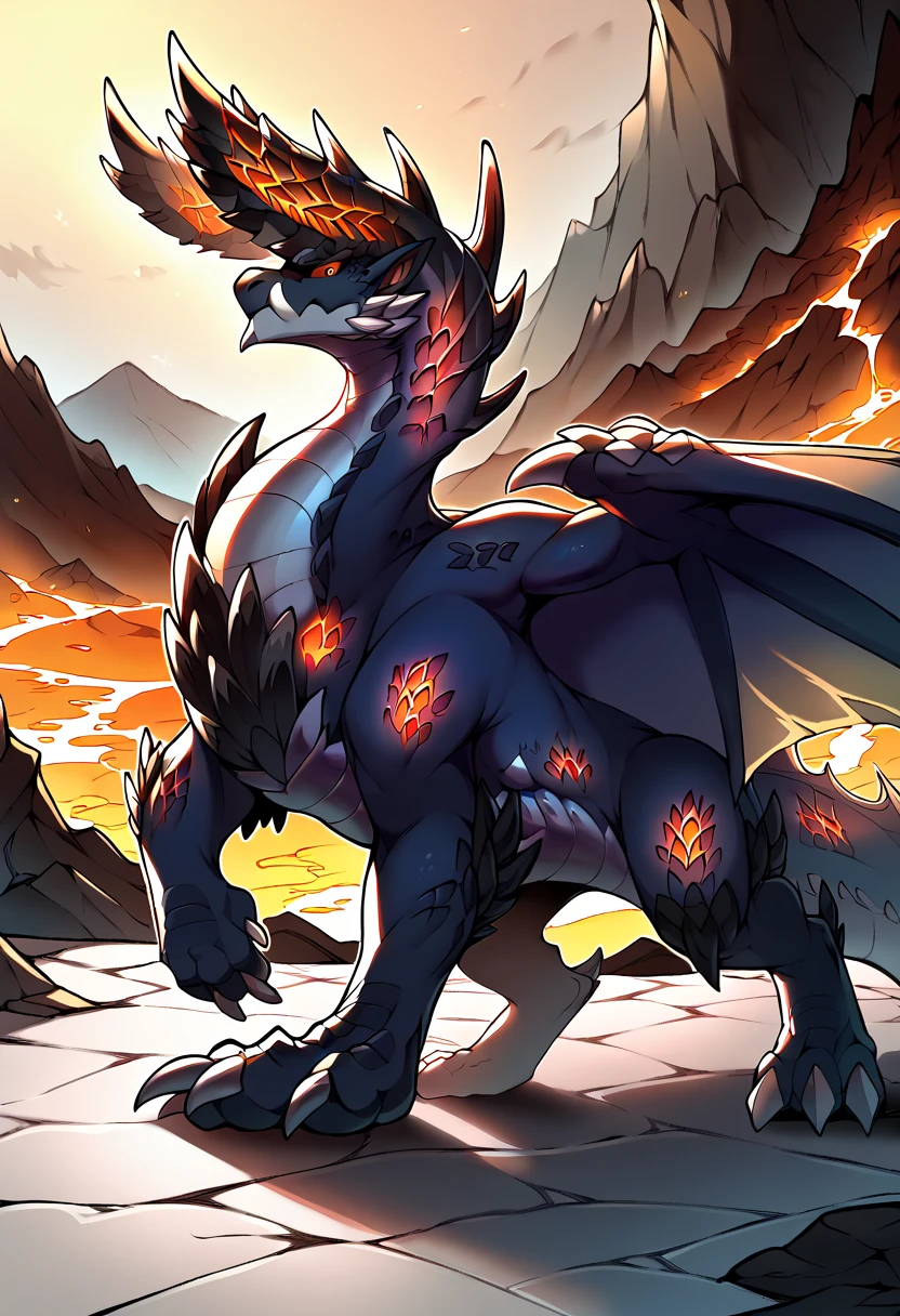 <lora:MH_Alatreon_a1_16_PonyXL-000010>,<lora:PDXL_artist_tags_v2:0.8>,score_9,score_8_up,score_7_up,source_furry,alatreon,feral,glowing orange,by smewed,(by claweddrip:0.5),solo,hi res,detailed background,volcano,lava,
looking at viewer,extreme detail,dynamic lighting,cinematic lighting,detailed eyes,tail,red sclera,yellow eyes,hands on ground,