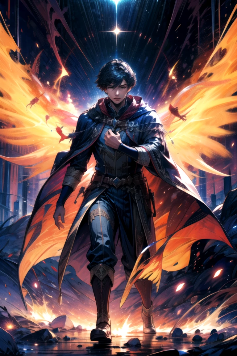 solo, 1boy, cloak, dark fire, fiery wings