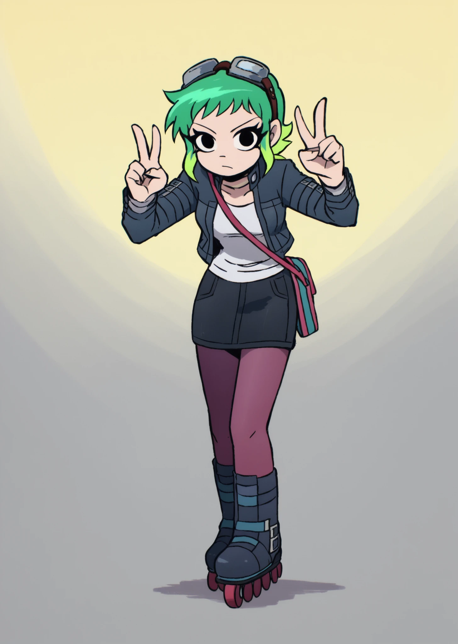 score_9, score_8_up, score_7_up, score_6_up, source_anime, zPDXL, BREAK
<lora:Scott_Pilgrim_Takes_Off:1> scottp, sketch, anime coloring, 1girl, solo, Ramona, green hair, blonde hair , multicolored hair, gradient hair, goggles, goggles on head, cool pose, black boots, purple pantyhose, inline skates, v, black jacket, denim skirt, skating,