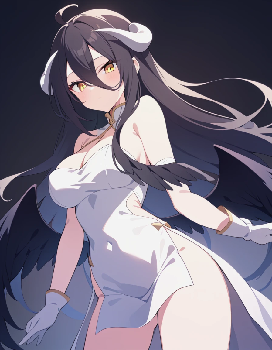 1girl,albedo_(overlord),ahoge,bare_shoulders,black_feathers,black_hair,black_wings,breasts,demon_horns,dress,feathered_wings,feathers,gloves,hair_between_eyes,hip_vent,horns,large_breasts,long_hair,looking_at_viewer,low_wings,slit_pupils,solo,white_dress,white_gloves,white_horns,wings,yellow_eyes,<lora:albedo-sdxl:0.9>,