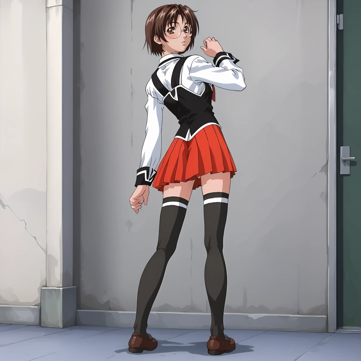 <lora:MiyukiNonogusaXLpony003>,parted lips,blush,
solo,
MiyukiNonogusa,1girl,brown hair,short hair,eyewear,brown eyes,
school uniform,white shirt,strap,vest,
red skirt,
thighhighs,
full body,standing,looking back,