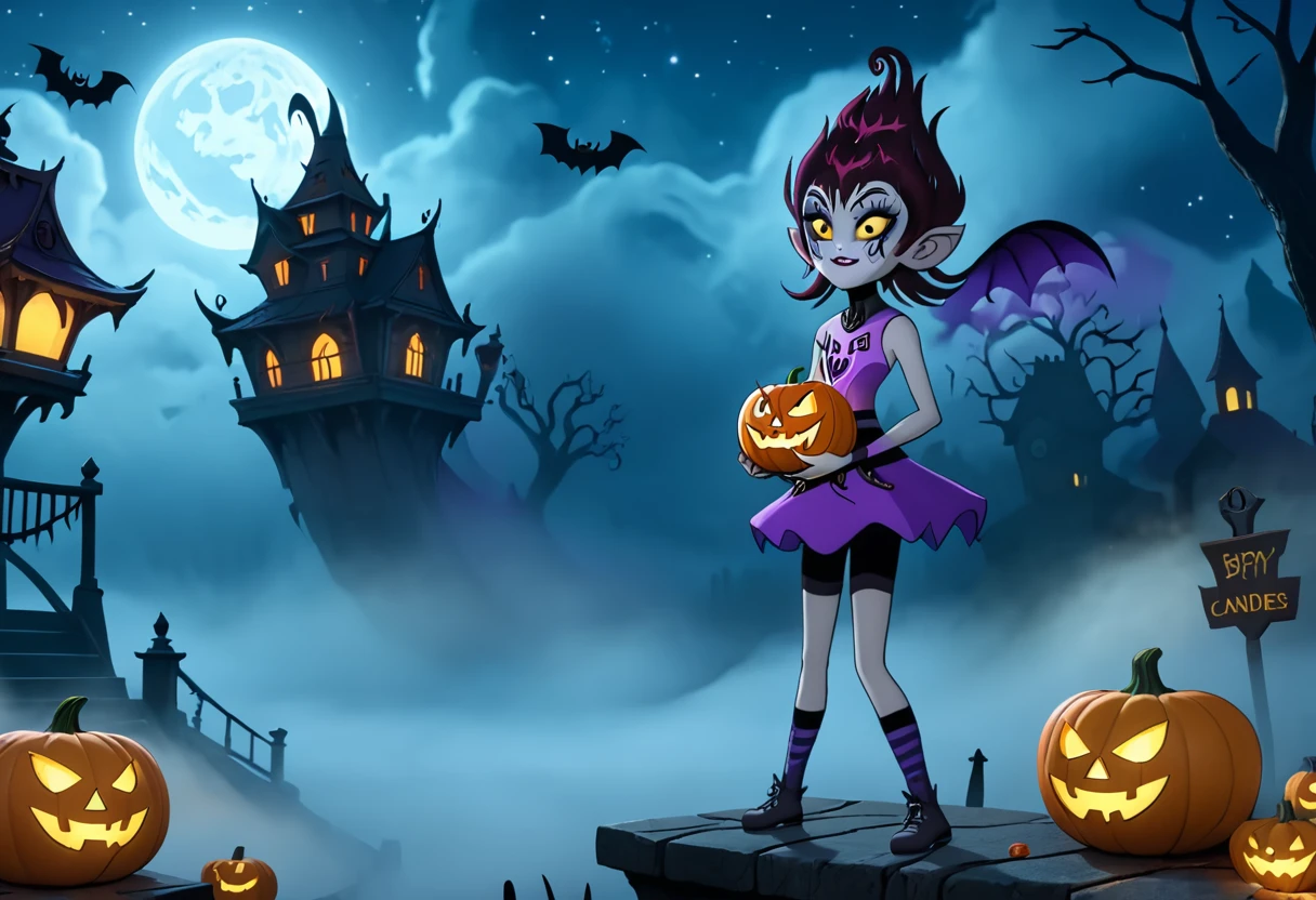 (best quality, masterpiece, absurdres, highres, ultra_detailed, dynamic angle:1.2), willa \(mysticons\) <lora:mysticons_willa_xl:1>, 1girl, levitating, holding a stand for halloween, selling (creepy masks, pumpkin bags, candies), by night, fog, cartoon, cartoon style, (intricate details, hyperdetailed:1.15), (ultrahigh resolution textures), bokeh, (volumetric, cinematic) lighting