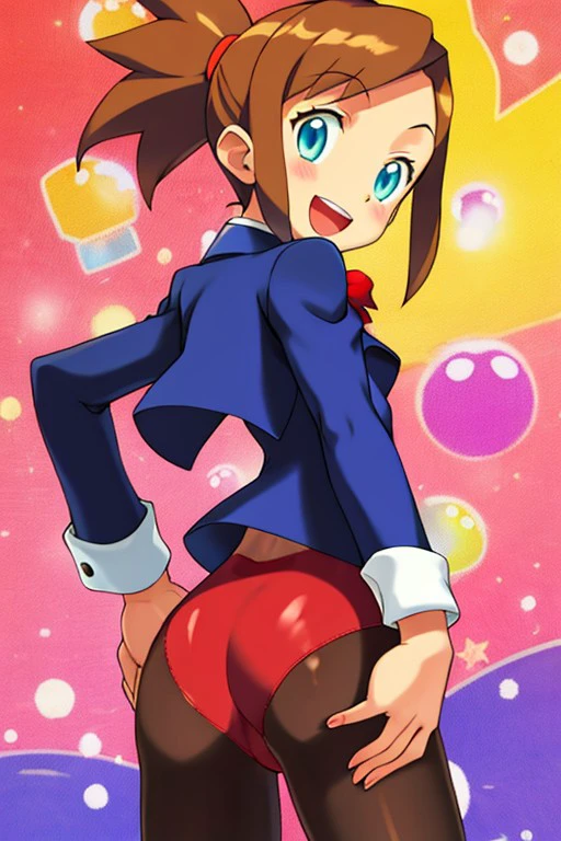 looking back, pantyhose, 1boy, ponytail, :d, aqua eyes, cropped jacket, short hair, <lora:1f7391a6-82e9-4193-b733-05cf78312adc:1.0>