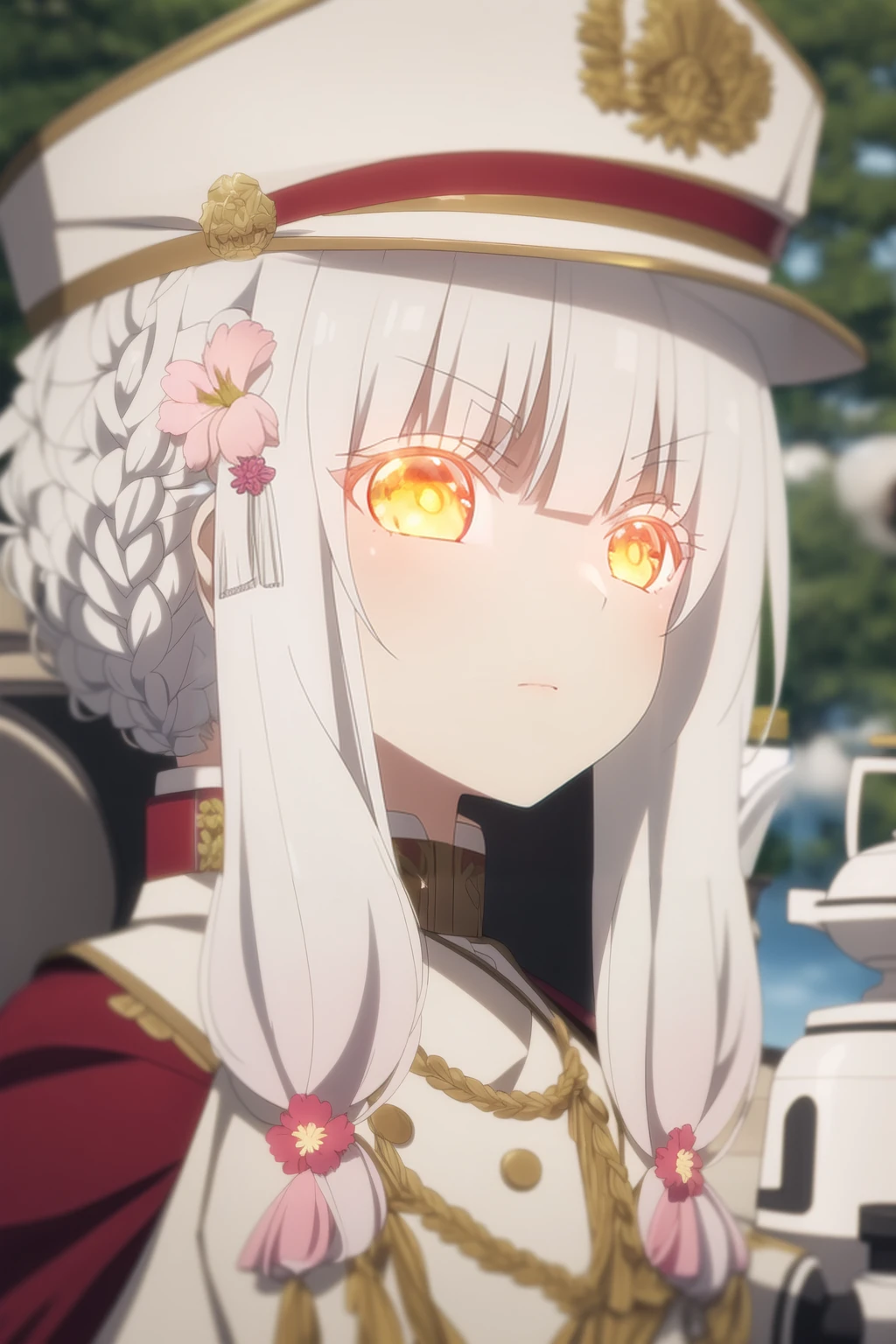 masterpiece, best quality, 1girl, solo, long Very Hair, bangs, hair ornament, hat, holding, hair between eyes, closed mouth, jacket, yellow eyes, upper body, braid, flower, white hair, sidelocks, hair flower, hair Wavy, blurry, v-shaped eyebrows, orange eyes, looking to the side, depth of field, blurry background, glowing, white headwear, looking away, white jacket, portrait, glowing eyes, pink flower, epaulettes, military hat, teapot, braided bun