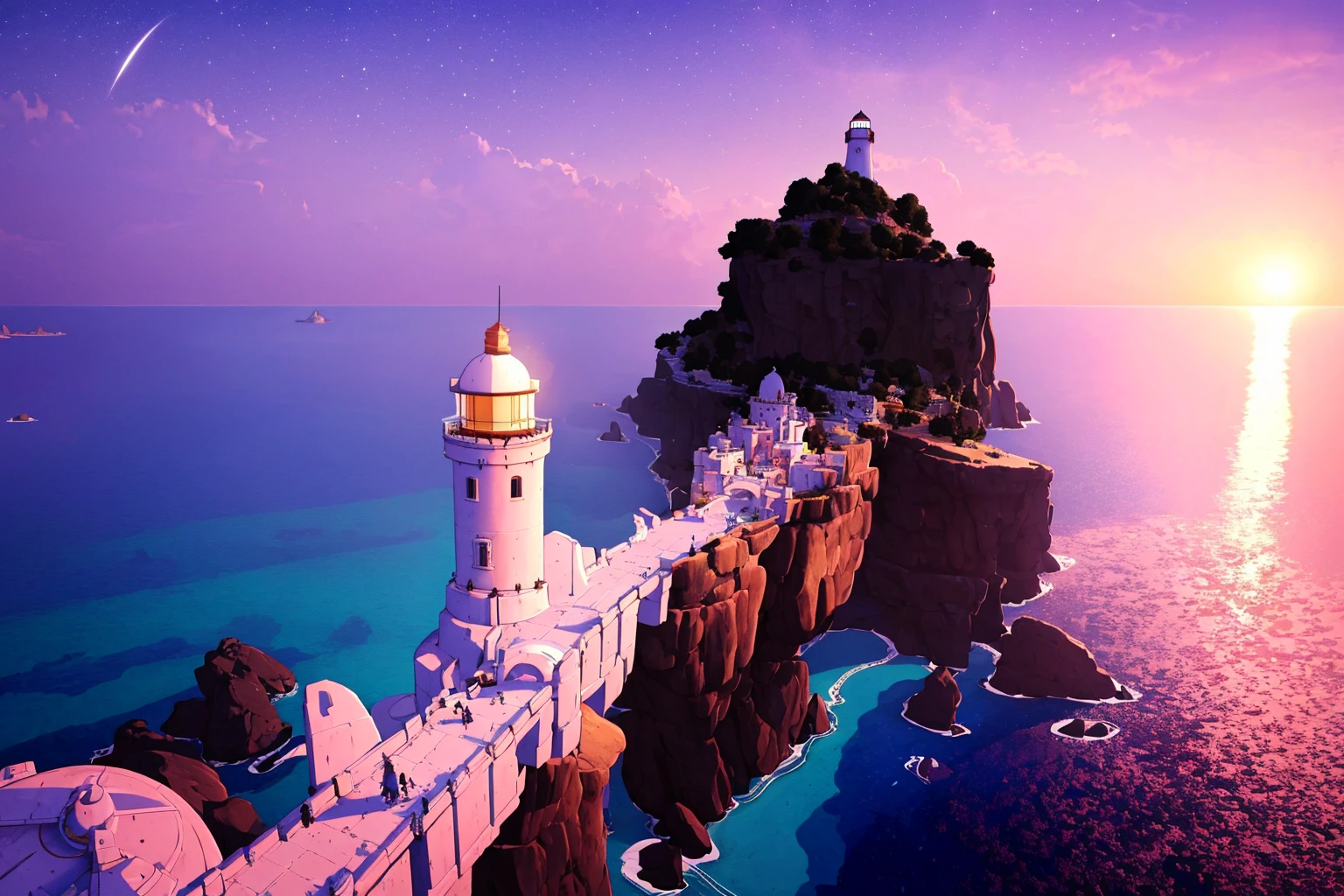 masterpiece, ultra-detailed, best quality, illustration, 8k cg wallpaper, an extremely delicate and beautiful, stunning landscape, beach, lighthouse, moon, stars, clouds, intricately detailed items in background, <lora:Rime:1>