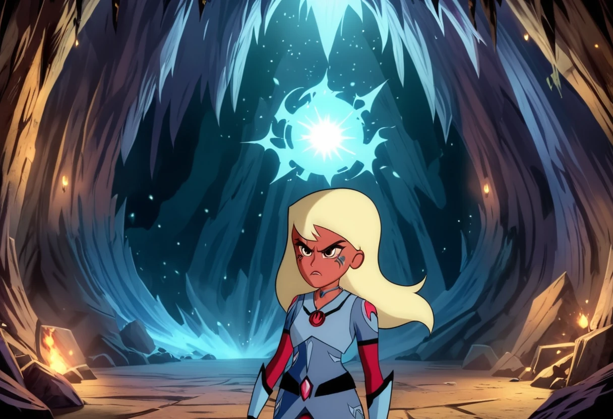 (best quality, masterpiece, absurdres, highres, ultra_detailed, dynamic angle:1.2), tazma \(mysticons\) <lora:mysticons_tazma_xl_v4:1>, 1girl, blonde hair, frown, angry, casting spell, (dark, shadow, black) magic, in a cave, cartoon, cartoon style, (intricate details, hyperdetailed:1.15), (ultrahigh resolution textures), bokeh, contrapposto, (volumetric, cinematic) lighting, <lora:sdxl_casting_spell:0.8>