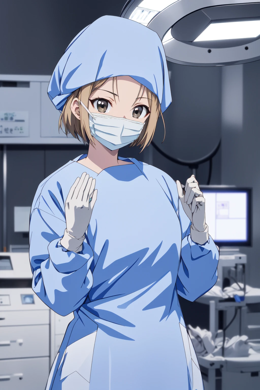 (RAW photo, best quality), 1girl, long sleeve surgical outfit, surgical mask,  surgical gloves, surgical cap,  operating room, overhead surgical light, (solo), blurred background, focused
 <lora:concept_clothing_surgical_outfits_hand_over_chest_v3_1-000002:1>, hand_over_chest,
 <lora:shouko_dr_elise_v1_2:1> shouko