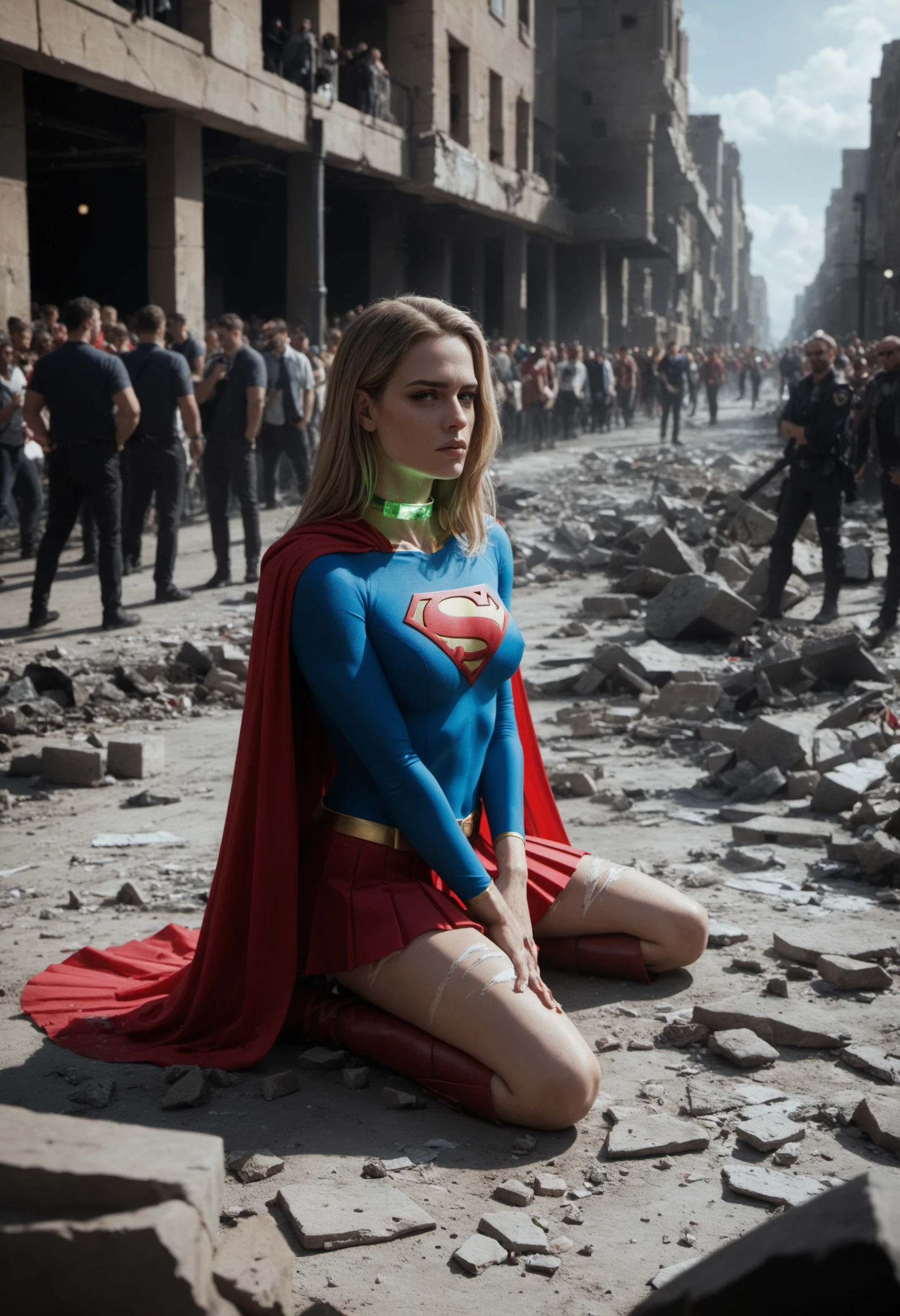 (score_9, score_8_up, score_7_up, score_6_up, score_5_up, score_4_up),realistic, highly detailed,real life,analog, detailed background,  (supergirl kneeling in the rubble of a destroyed city street, (short red pleated miniskirt:1.3), sweaty, sexy ripped supergirl outfit, blue top,  and red boots, cape), long sleeves, midriff,  rubble, dust,  (ripped cloths:1.2), gasping, (sleepy eyes, crowd of people watching her,, sky scrapers, glowing green  glass collar:1.4)