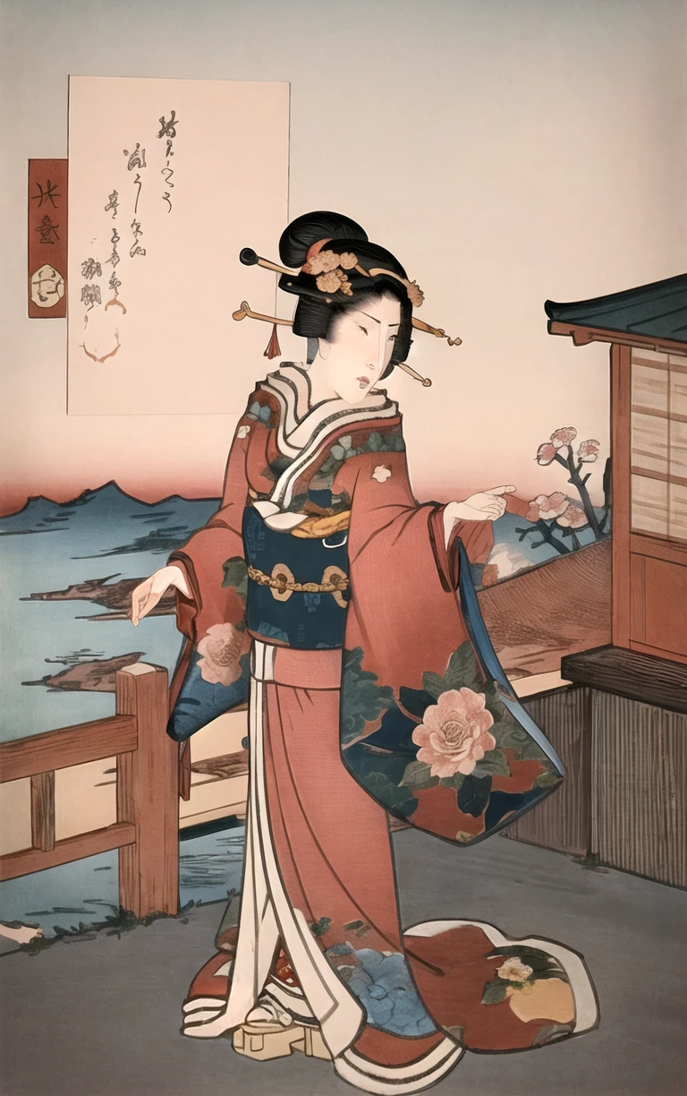 masterpiece, best quality, highres, focused, looking at viewer, solo, cowboy shot, east asian architecture, 
 artstyle_kunisada_ownwaifu, 1girl, black hair, fine art parody, kimono, hair ornament, long sleeves, sash, flower, sitting, obi, updo, floral print, flower, hair bun, 
<lora:ARTSTYLE_Kunisada_ownwaifu:0.9>