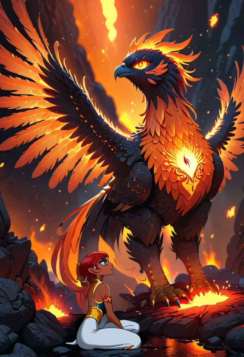 (best quality, masterpiece, absurdres, highres, ultra_detailed, dynamic angle:1.2), animal guardian, ethereal glowing orange phoenix, orange eyes, looking at viewer, lava, fire, rocks, by night, orange sky, stars, mystical atmosphere, cartoon, cartoon style, (intricate details, hyperdetailed:1.15), (ultrahigh resolution textures), bokeh, orange lighting, <lora:guardian-animal-xl:0.8>
AND piper \(mysticons\) magic outfit <lora:mysticons_piper_magic_xl:1>, dark skin, dark-skinned female, white and goldenrod sleeveless bodysuit, white tight pants, tattoo around eyes, pointy ears, dark red short hair, ponytails, twintails, sit, lotus pose, from side, looking to the right