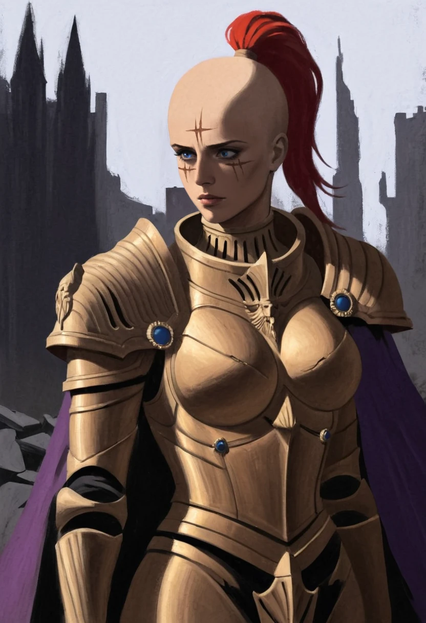 (Painting), painterly \(style\), silhouette, Sister of Silence in ornate golden power armor, purple cape, bald with red ponytail hair, blue eyes, scar on face, standing, looking down, neutral expression, minimalistic background,
city ruins backdrop, rubble, broken statues, debris, gothic architecture, 
strong contrast between light and dark, chiaroscuro, oil on canvas, brushstrokes, expressive, portrait, still life, extremely detailed, gritty, grimdark, upper body, shaded face, damaged armor, dirty
<lora:Sisters-of-Silence-000008:1>