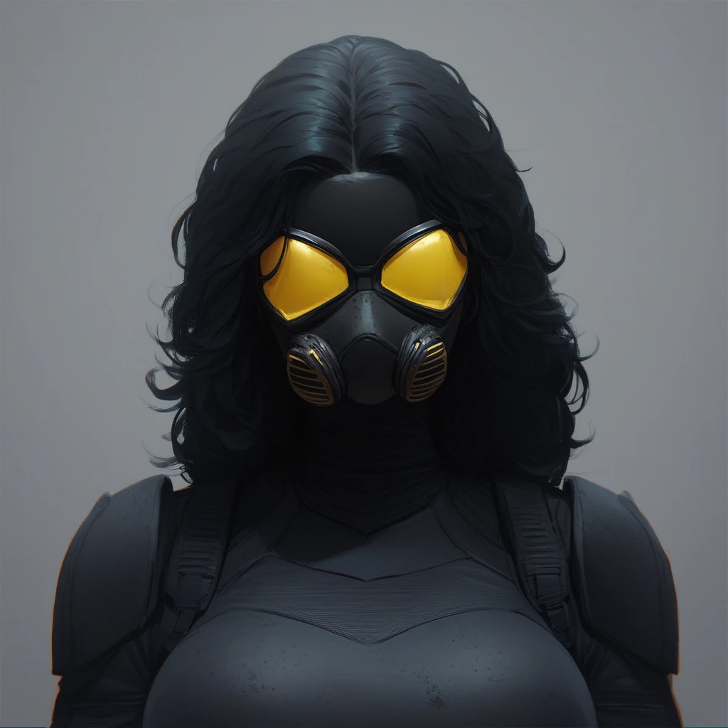 score_9, score_8_up, score_8,1 girl, solo, massive girl, tall, supervillain, skitter black bodysuit, skitter full face mask, tactical black full-face mask with yellow lenses, face focus, long black hair,