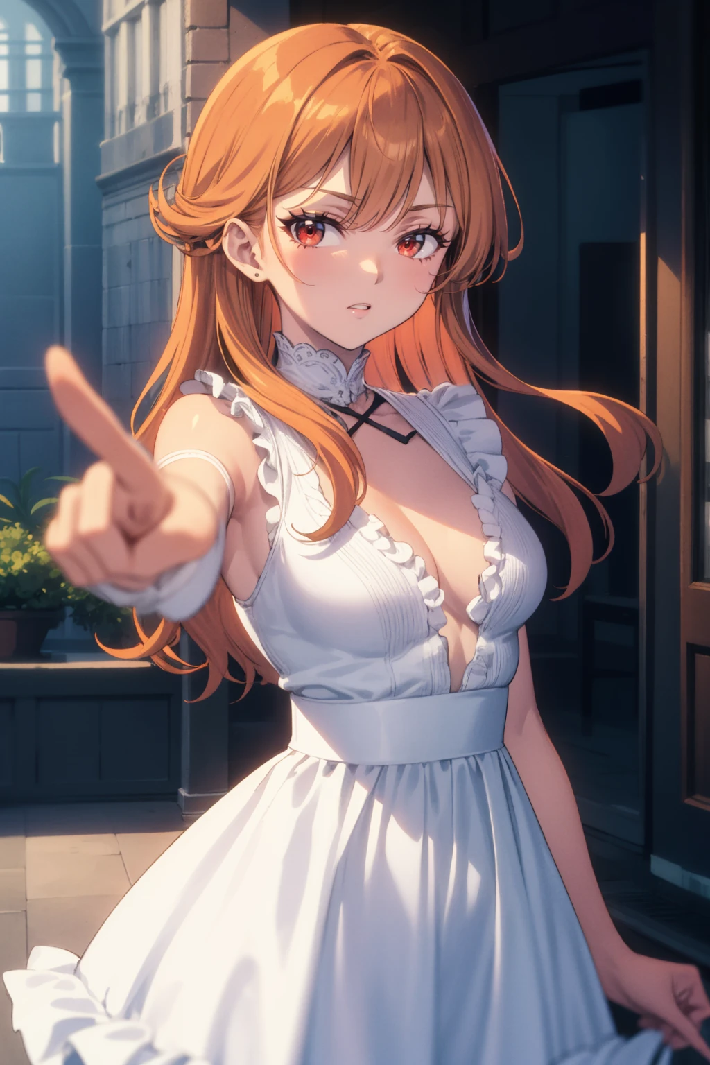 masterpiece, best quality, 1girl, solo, long hair, orange hair, red eyes, looking at viewer, soft focus, medium breasts, white dress, frills, center frills, blunt bangs, pointing at viewer, (1980s \(style\))
