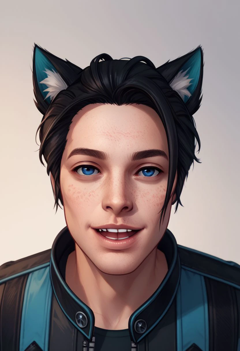 Maverick Ellis Rowe, 1boy, male focus, solo, short hair, blue eyes, black hair, animal ears, parted lips, :P , smile, upper teeth only, cat ears, lips, animal ear fluff, freckles,  PonyXLV6_Scores zPDXL