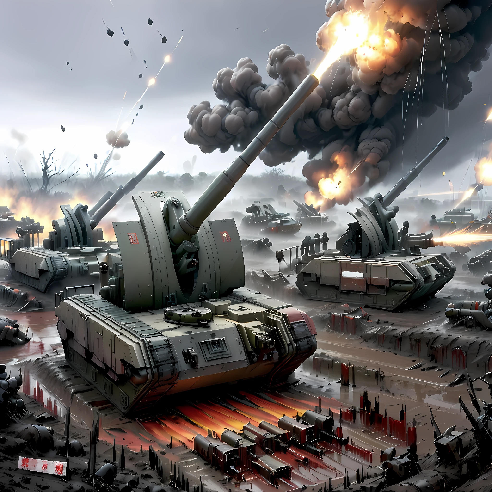 a tank in a muddy battlefield, fire, explosions, blood, smoke lasers, bslskspg, cannon, ground vehicle, military vehicle,