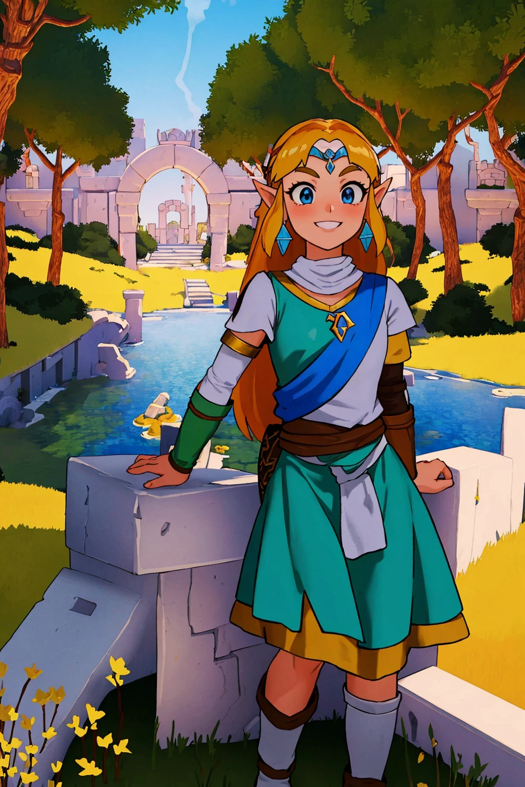 masterpiece, ultra-detailed, best quality, illustration, 8k cg wallpaper, an extremely delicate and beautiful, 1girl, Princess Zelda /(The Legend of Zelda/), solo, perfect anatomy, smiling, blushing, perfect arms, perfect legs, cute, pretty, beautiful, sexy, perfect body, (background: flowery field, grass, trees, flowers, ruins, intricately detailed items in background), <lora:Rime:1>