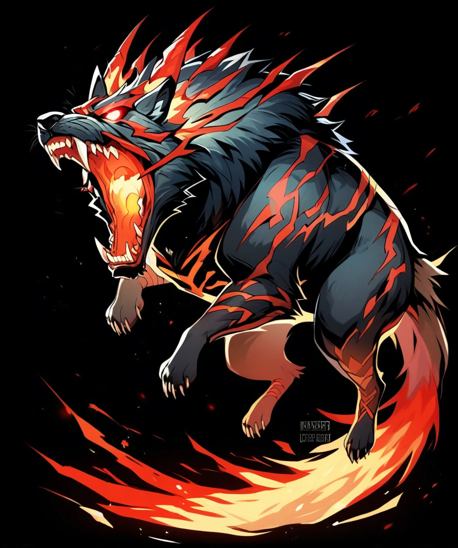 score_9, score_8_up, score_7_up, score_6_up, score_5_up, score_4_up, rating_safe,source_anime,NCRender,a black-furred barghest with glowing red eyes covered in belts with its mouth open,1barghest,no humans,creature,solo,full body,simple background, black background,, score_9, score_8_up, score_7_up, score_6_up, score_5_up, score_4_up, rating_safe,