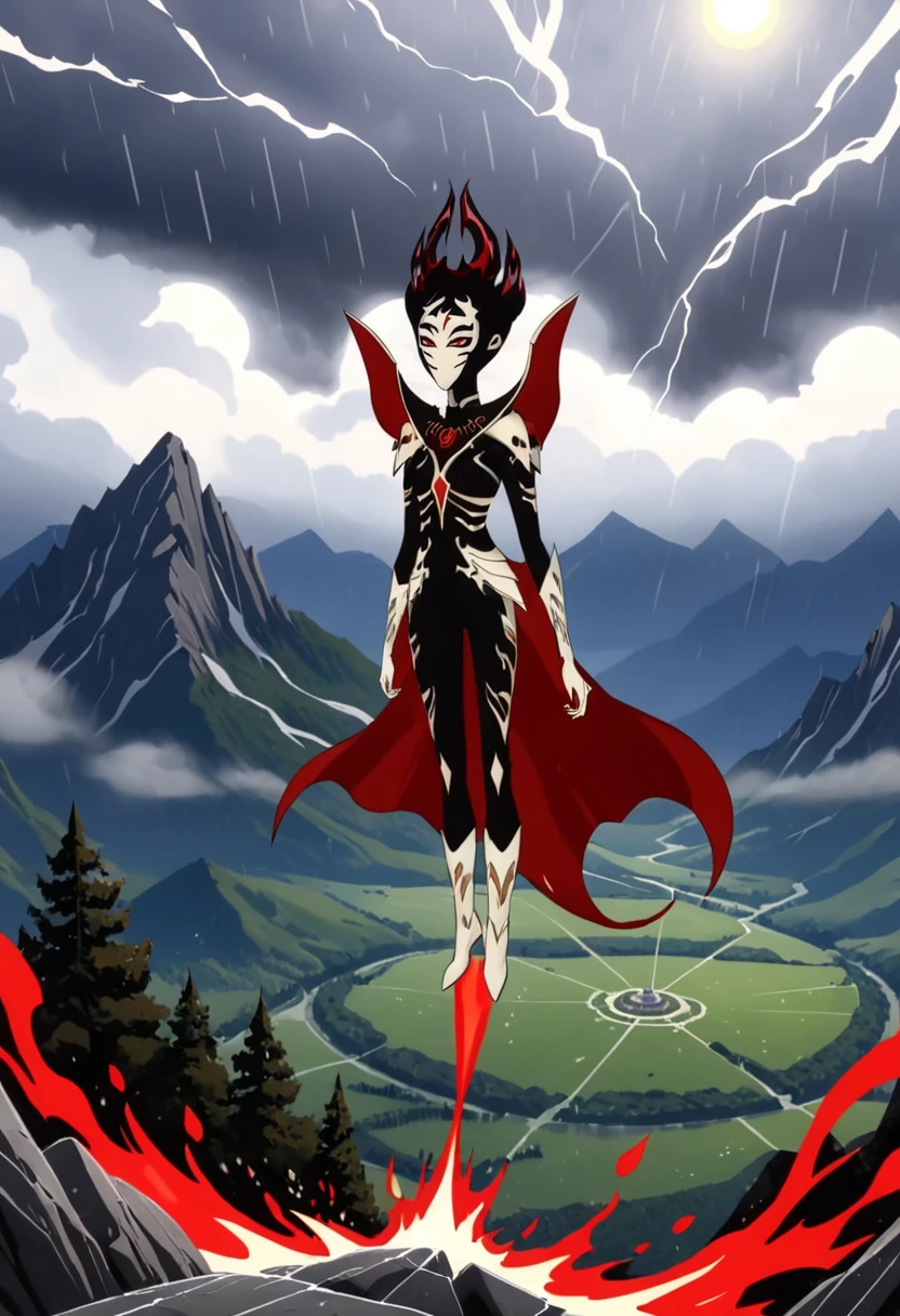 (best quality, masterpiece, absurdres, highres, ultra_detailed, dynamic angle:1.2), nacrafa \(mysticons\), <lora:mysticons_nacrafa_xl_v4:1>, 1girl, red eyes, red pupil, face tattoo, wings, black and white bodysuit, white boots, high heels, (floating, levitating:1.3), solo, alone, outdoor, mountains, clouds, red lightning streaks, (heavy rain, by night, dark:1.3), cartoon, cartoon style, (intricate details, hyperdetailed:1.15), (ultrahigh resolution textures), bokeh, (volumetric, cinematic) lighting