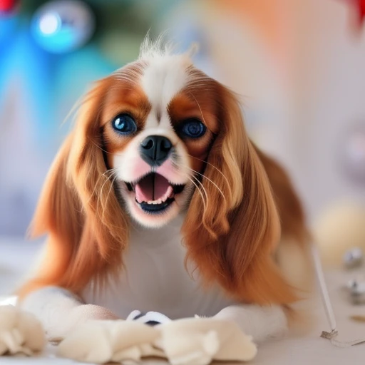 NOBLEDOGS_CKCS,cavalier king charles spaniel dog,a small dog laying on a bed with christmas decorations around it with its tongue hanging out to eat the toy in its mouth with its mouth,looking at the camera,open mouth,blue eyes,blurry,no humans,depth of field,blurry background,animal,cat,dog,realistic,animal focus,whiskers
