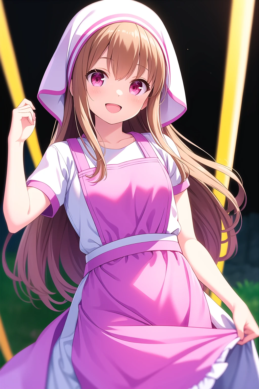 (masterpiece, best quality), highly detailed background, perfect lightingbest quality, asahinamomoko, solo, outdoors, head scarf, light brown hair, hair between eyes, very long hair, pink eyes, small breasts, pink dress, white shirt, puffy short sleeves, waist apron, pink skirt, traditional clothes, smile, open mouth, :d, pink lips, <lora:Asahina-Momoko:0.7>