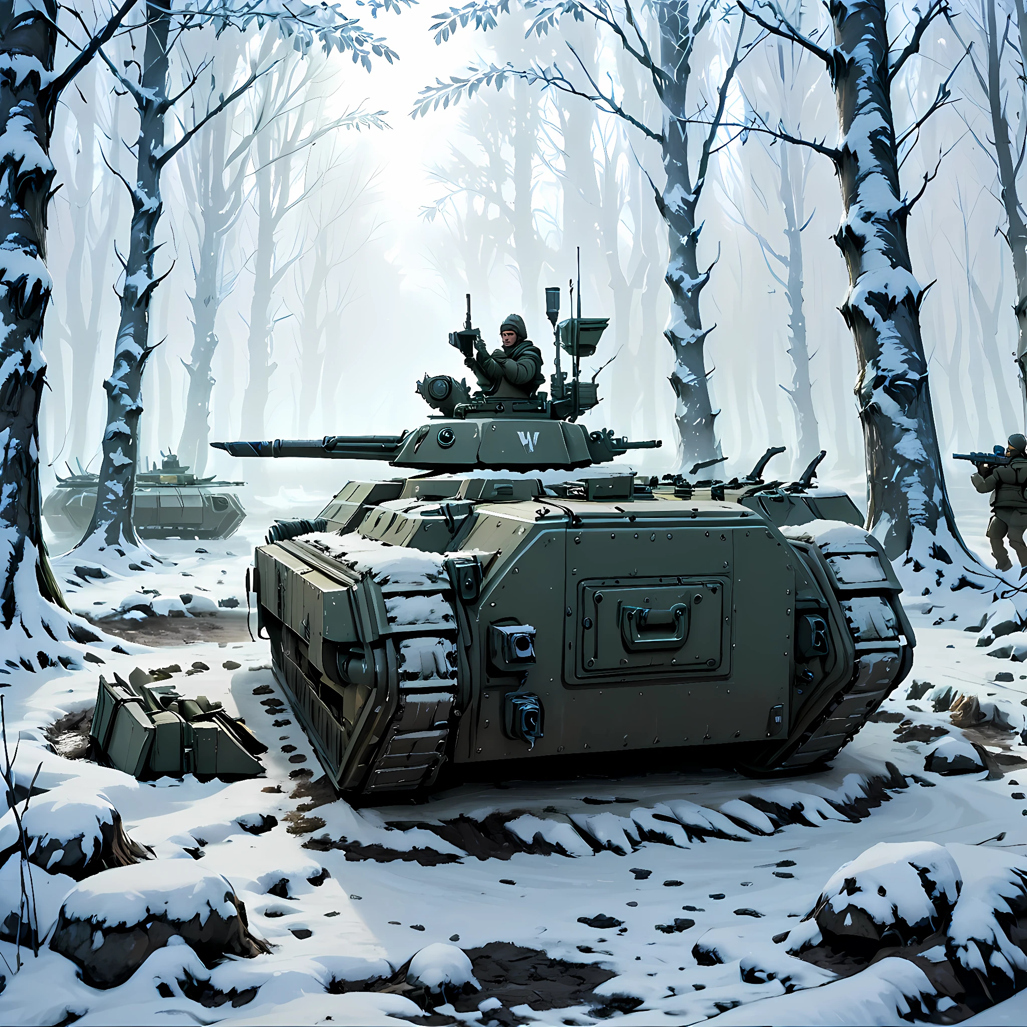 a tank in a frozen forest, chmraifv, ground vehicle, military vehicle