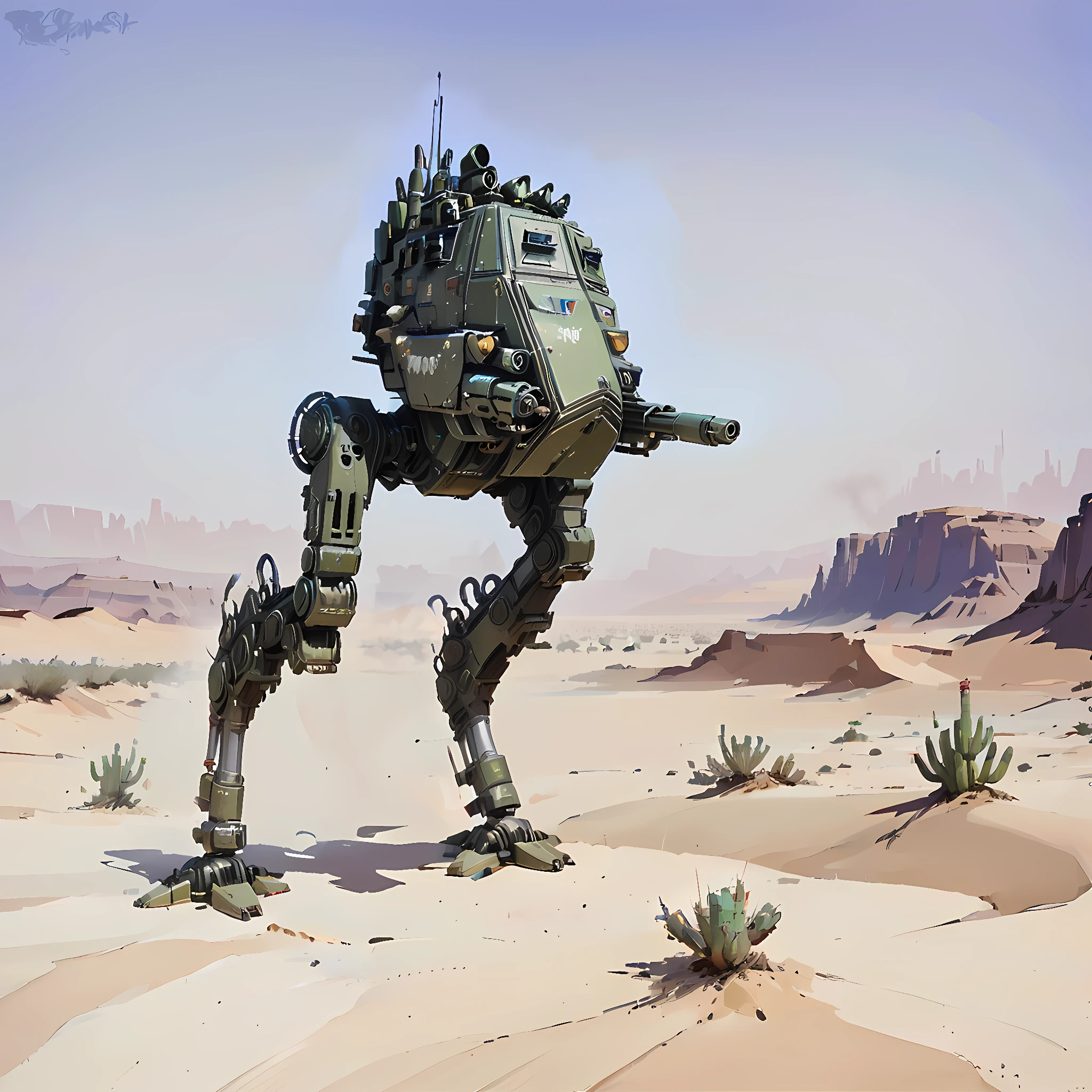 a walker in a desert, sentnlsw, mecha, military, military vehicle